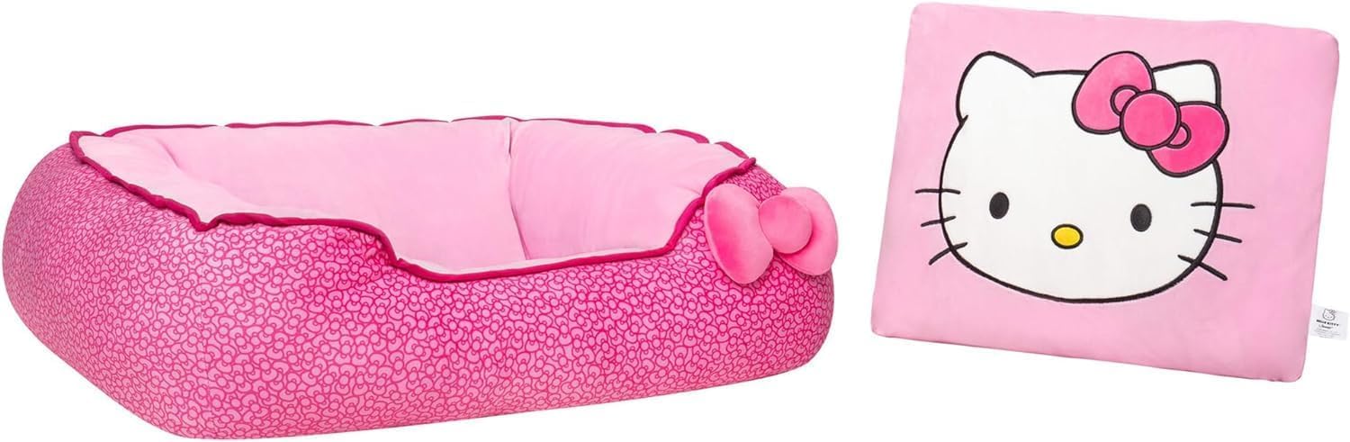 Hello Kitty And Friends Pink Bolster Pet Bed With Printed Design And Machine Washable Removable Insert - Size Medium - Ultrasoft