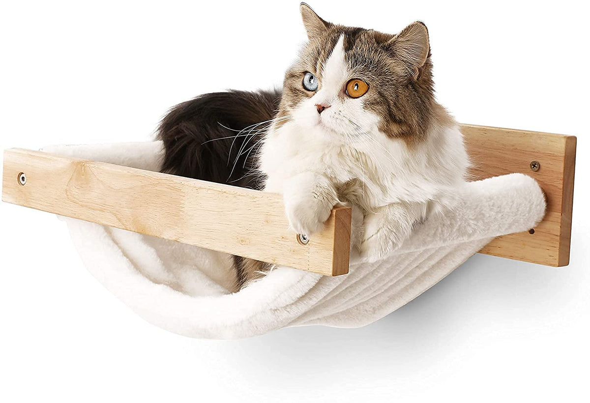 Fukumaru Cat Hammock Wall Mounted, Kitty Beds And Perches, Wooden Cat Wall Furniture, Stable Cat Wall Shelves For Sleeping, Playing, Climbing, And Lounging, White Flannel Cat Shelves