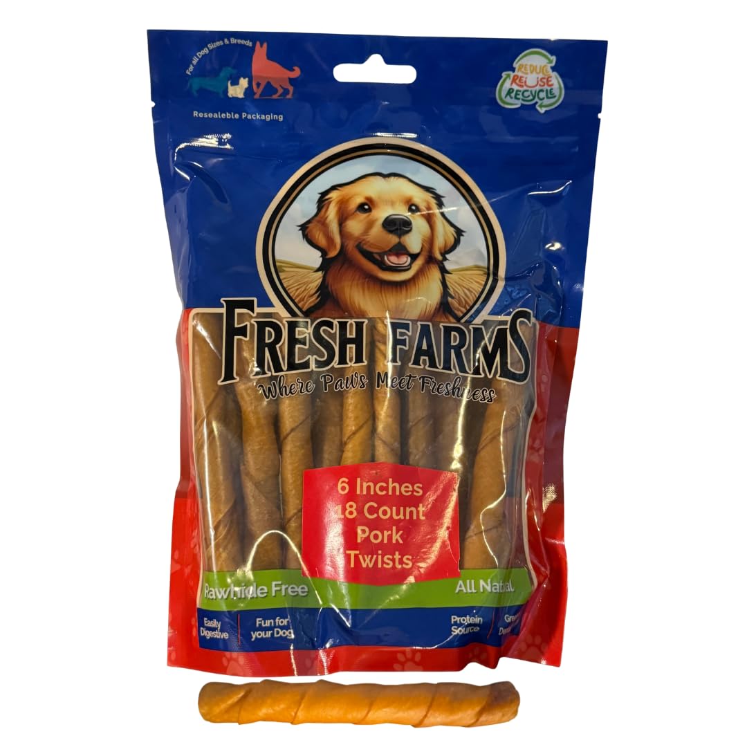 Fresh Farms 18 Pack 6-Inch Pork Skin Twists - Natural Rawhide-Free Dog Chews Long Lasting and Fully Digestible Treats - Single I