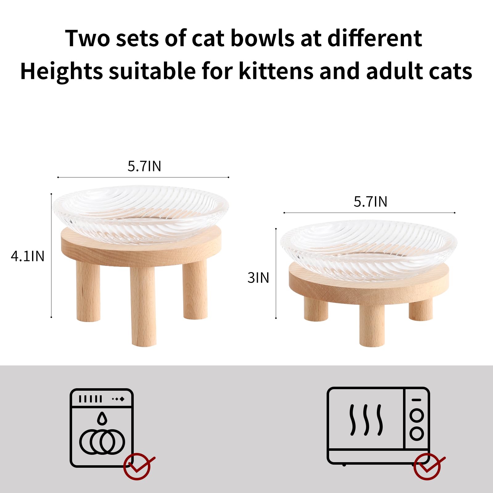 Raised Whisker Fatigue Cat Bowl. Glass Cat Bowls Elevated With Wooden Legs In 2 Heights. Protect The Spine And Prevent Vomiting.