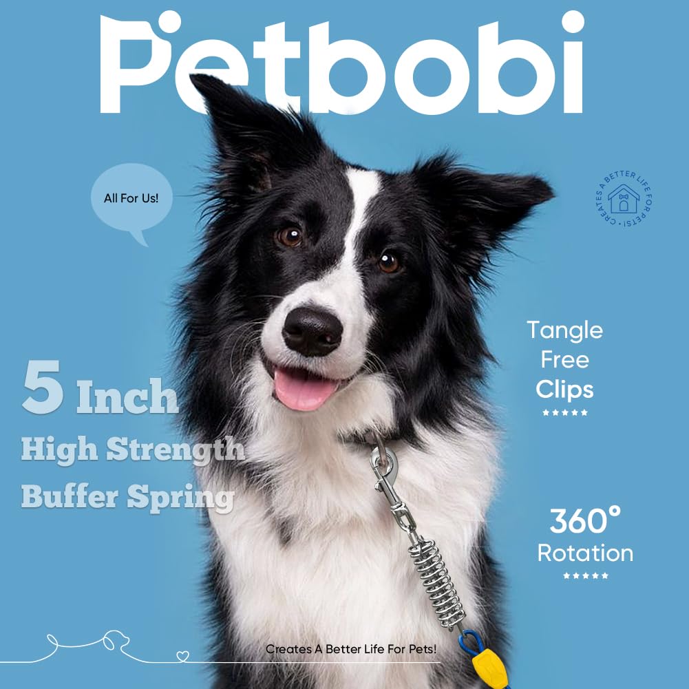 Petbobi Dog Tie-Out Cable 50Ft - Outdoor Leash Metal Cable With Shock Absorbing Spring 360 Swivel Clips, Chain For Dogs Yard Cam