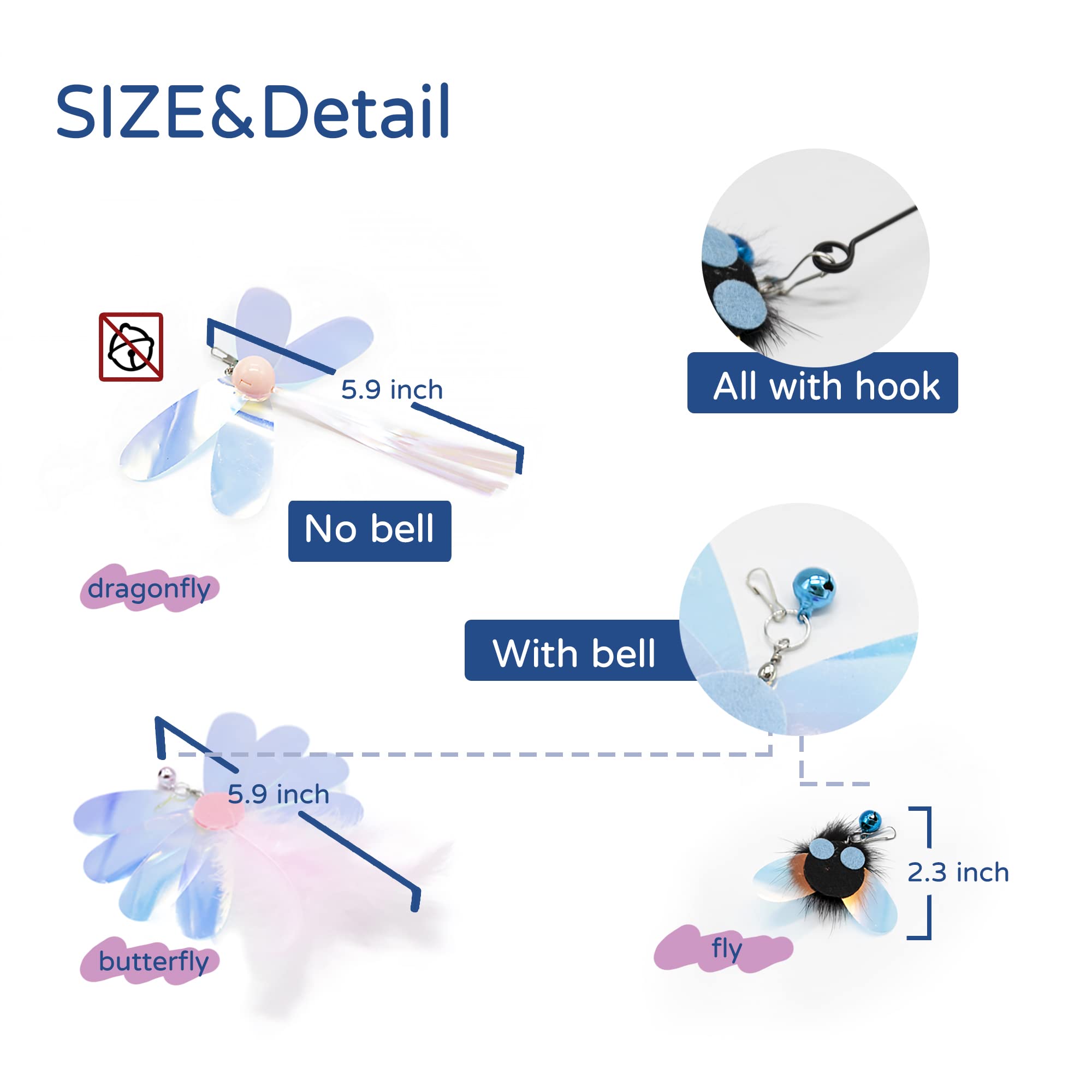 Mooipur Shiny Insect Replacements For Cat Wand Toy, 7 Pcs Kitten Teaser Refills With Bells For Cat Fishing Pole Toy, Bugs Refill