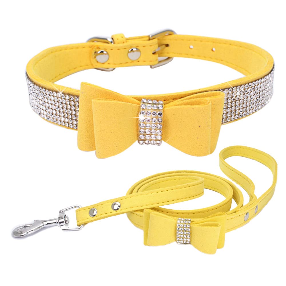 Bow Tie Dog Collar And Leash Set, Bling Rhinestone Puppy Collars Bowtie Crystal Diamond For Xxs Xs Small Medium Large Dogs Pet Boy Kitten Girl Cat, Yellow Xsmall