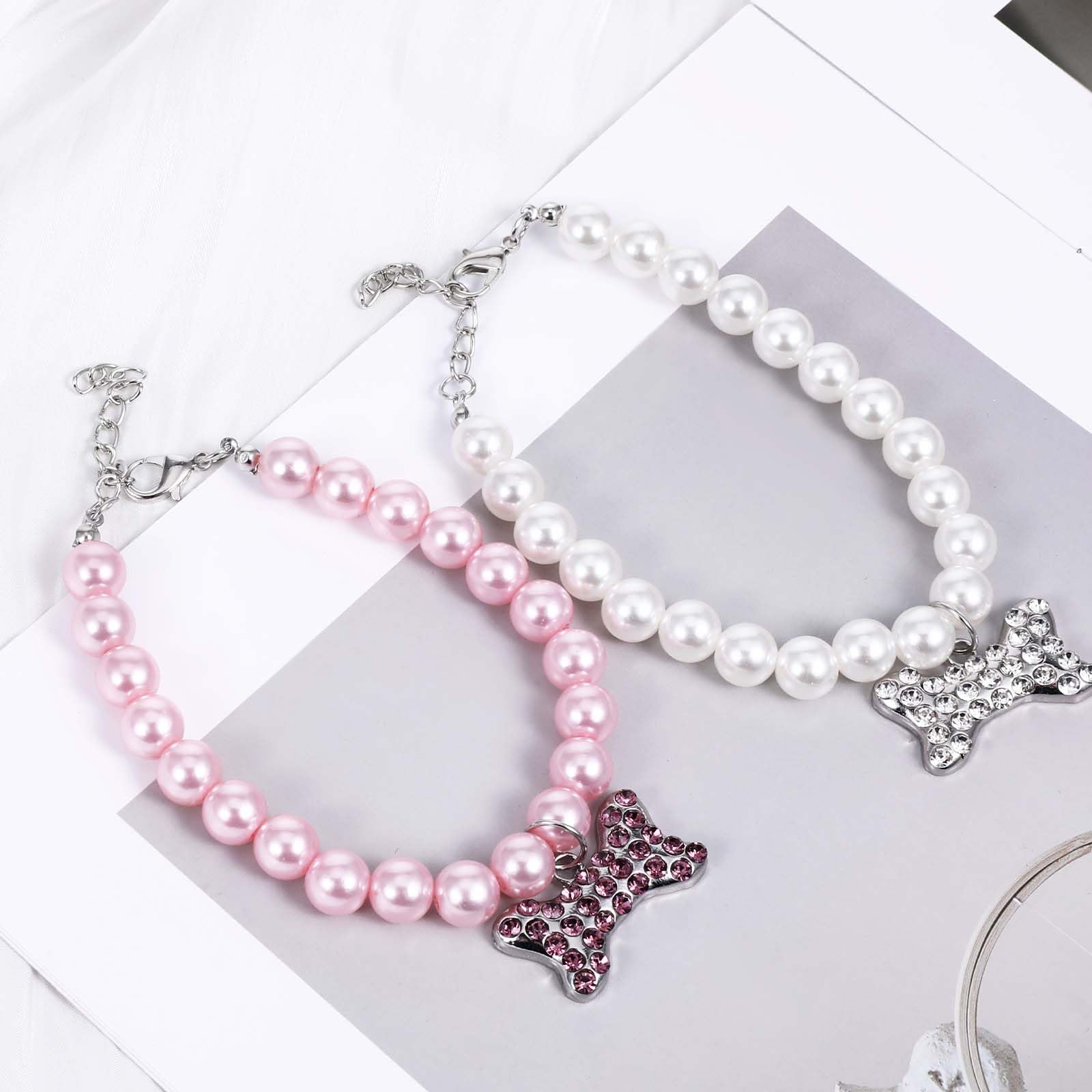 Dimeho 2 Pcs Dog Pearls Necklace Jewelry With Rhinestone Bone Puppy Cute Pet Collars Necklace Bling Fancy Cat Wedding Collar Jew
