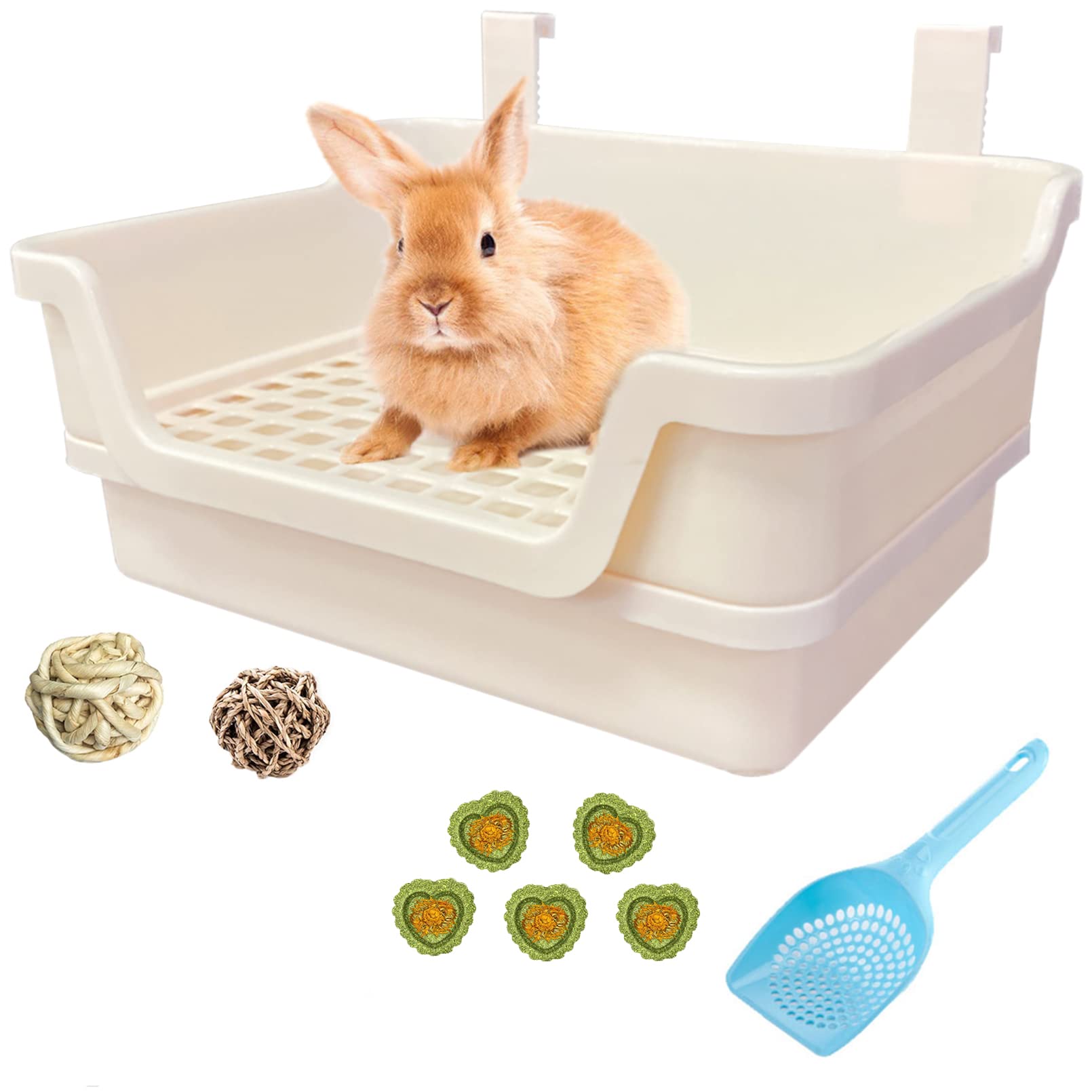 Extra Large Rabbit Litter Box With Splash Guard & Removable Tray - Double Layer Small Animal Cage Toilet For Guinea Pigs, Chinchillas, Ferrets - Chew-Proof Plastic + 2 Hooks (15.7' Jumbo, Beige)