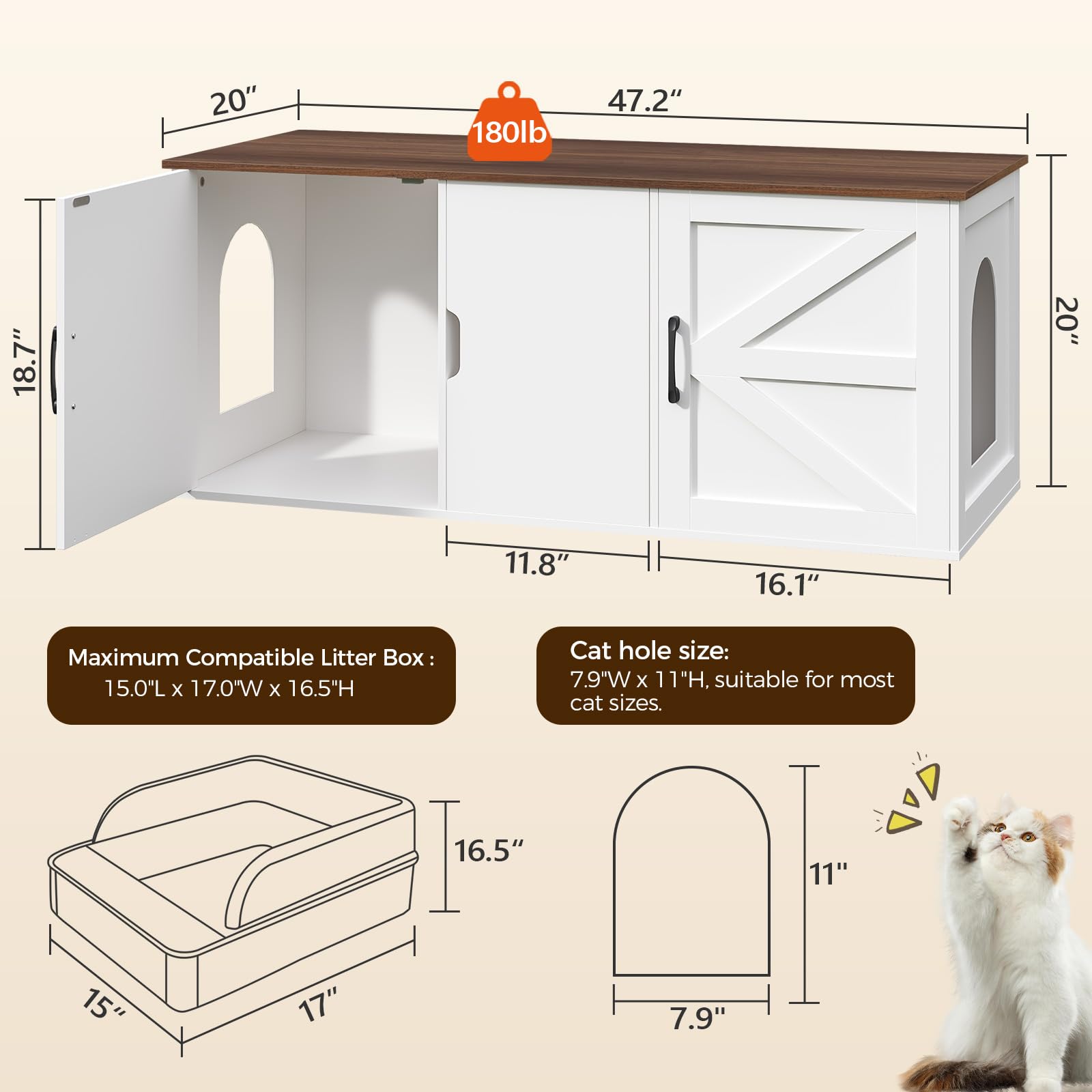 MAHANCRIS Cat Litter Box Enclosure for 2 Cats, 47.2 Hidden Cat Litter Box Furniture with Double Rooms, Wooden Litter Box Furnitu