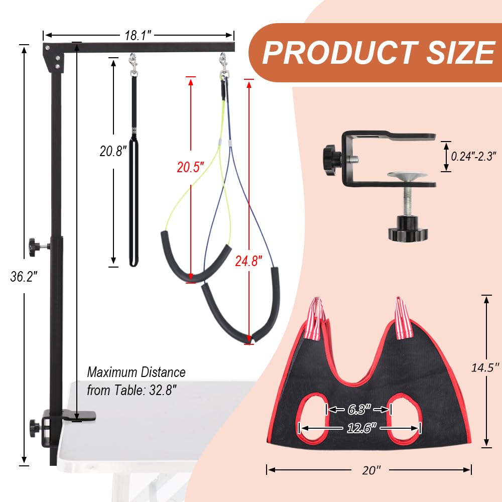 HIDOG Dog Grooming Arm with Clamp, Adjustable Dog Grooming Table Arm with Two No Sit Haunch Holder & Hammock Harness, Foldable P