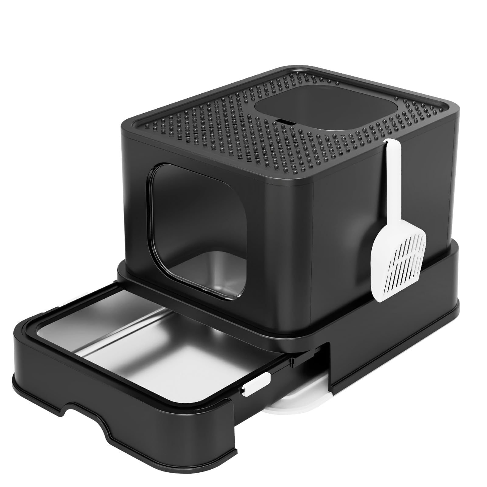 RIZZARI Enclosed Cat Litter Box: Black Covered Litter Pan - Large Stainless Steel Anti-Leak Tray with Teflon Non-Stick Coating -