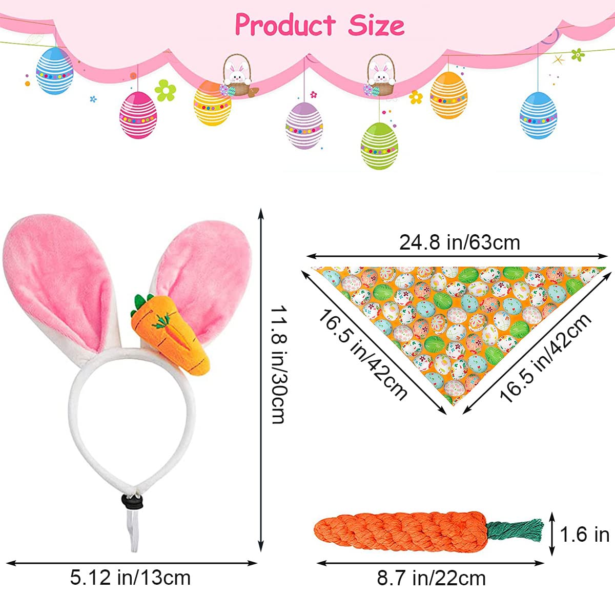 Dog Easter Bunny Costume, 3 Pack Pet Rabbit Ears Headband, Egg Dog Bandana, Carrot Dog Toy Set, Easter Dog Costumes For Small Do