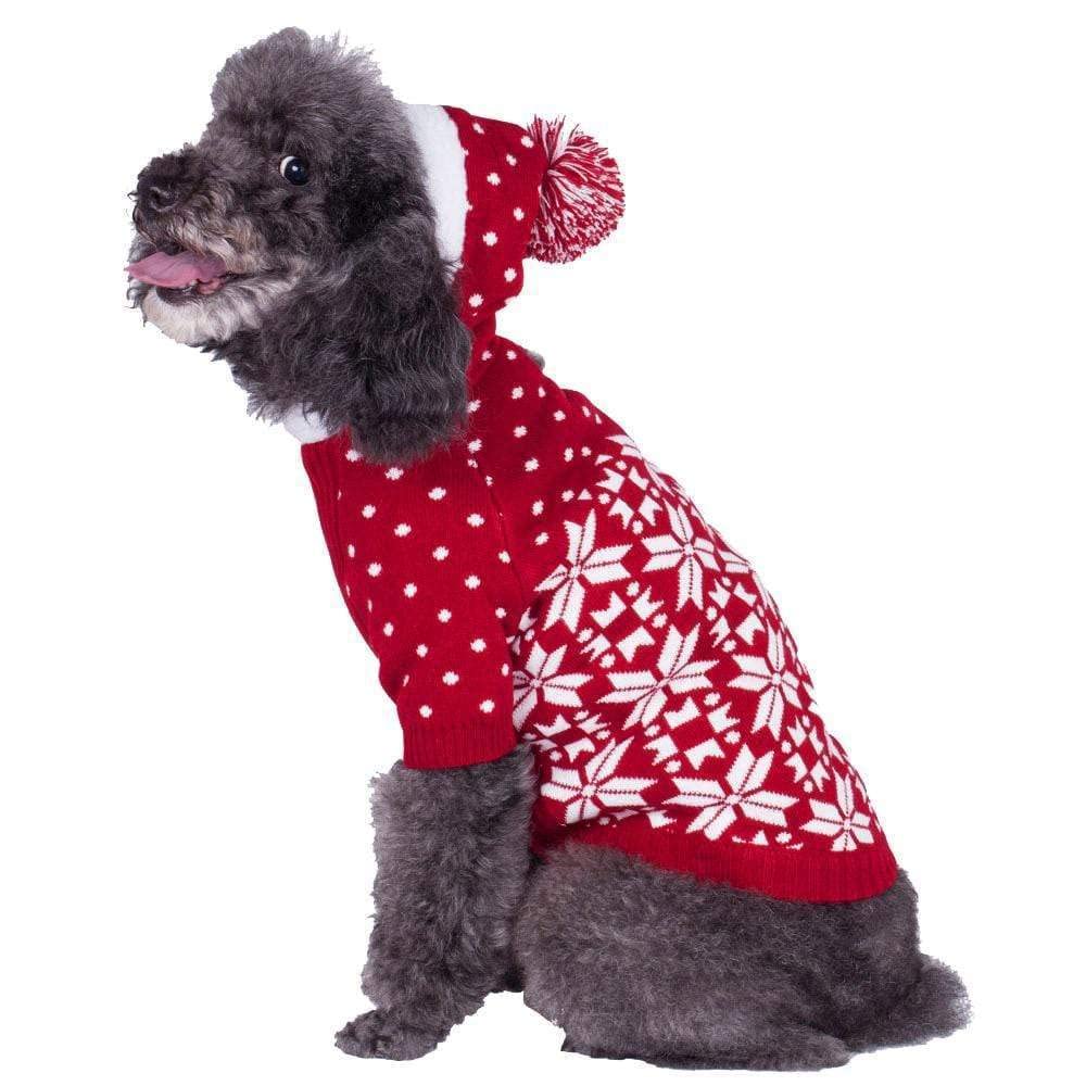 Blueberry Pet Let It Snow Classic Ugly Christmas Holiday Snowflake Pullover Hoodie Dog Sweater In Red And White, Back Length 16', Pack Of 1 Clothes For Dogs
