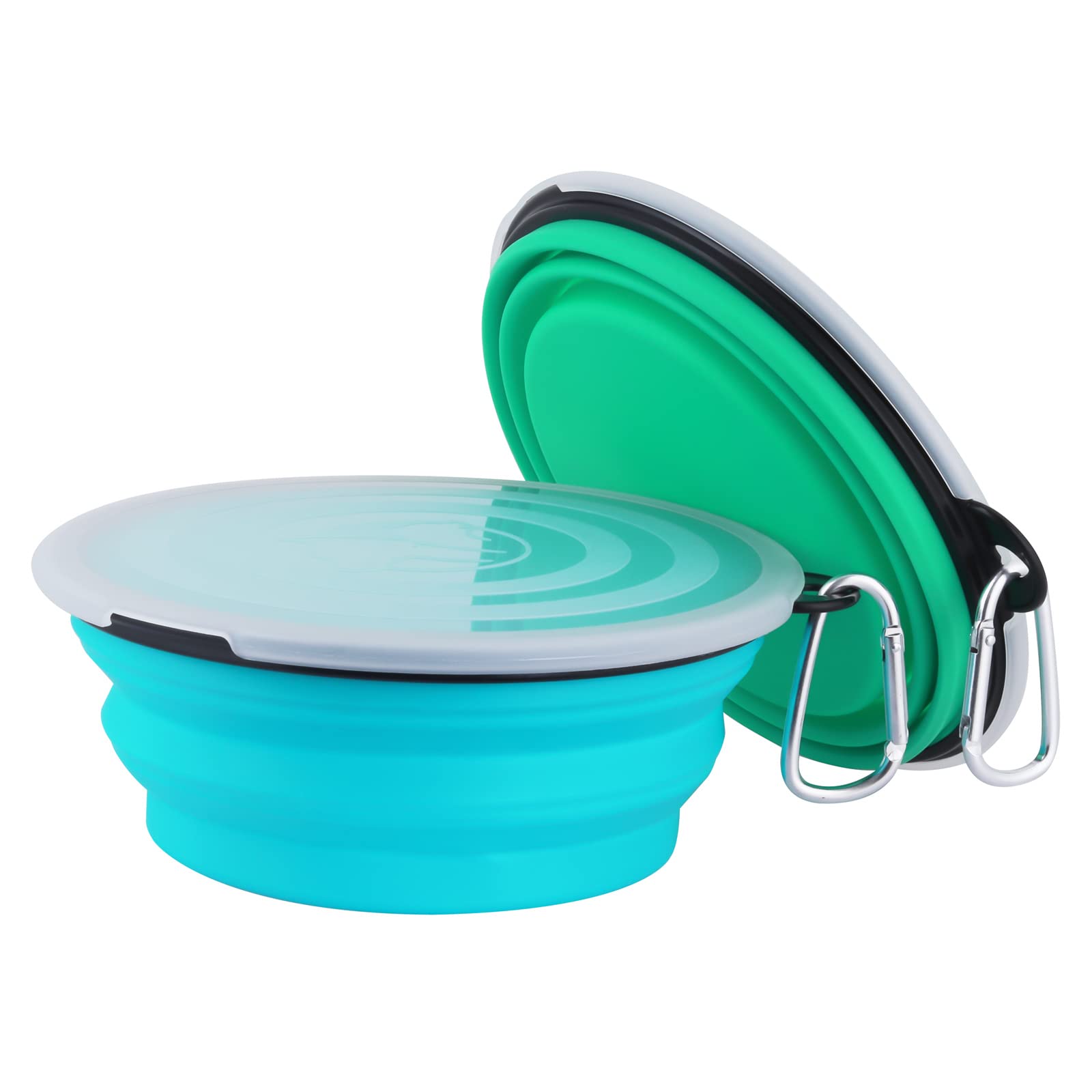 Slson Dog Bowls Pet Collapsible Bowl With Cover Lids, 2 Pack, Light Blue And Green, Large