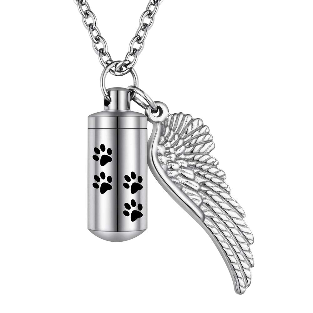 Abooxiu Cylinder Cremation Urn Necklace With Angel Wing And Pet Paw - Ashes Keepsake For Dog/Cat Memorial Jewelry