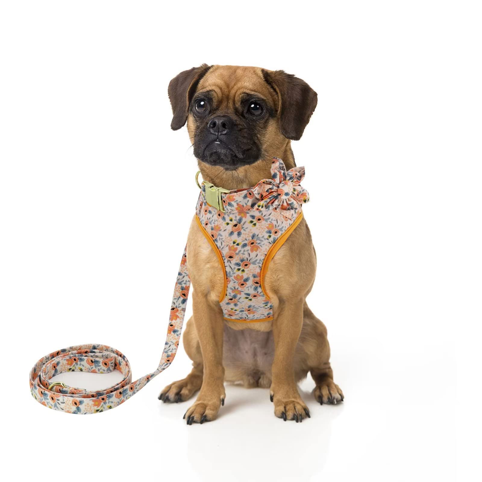 Beirui Cute Girl Dog Collars, Harnesses & Leashes Set - Adjustable Dog Collar And Leash Set With Flower - Soft Mesh Dog Vest Harness For Puppies Small Medium Dogs (Orange,M)
