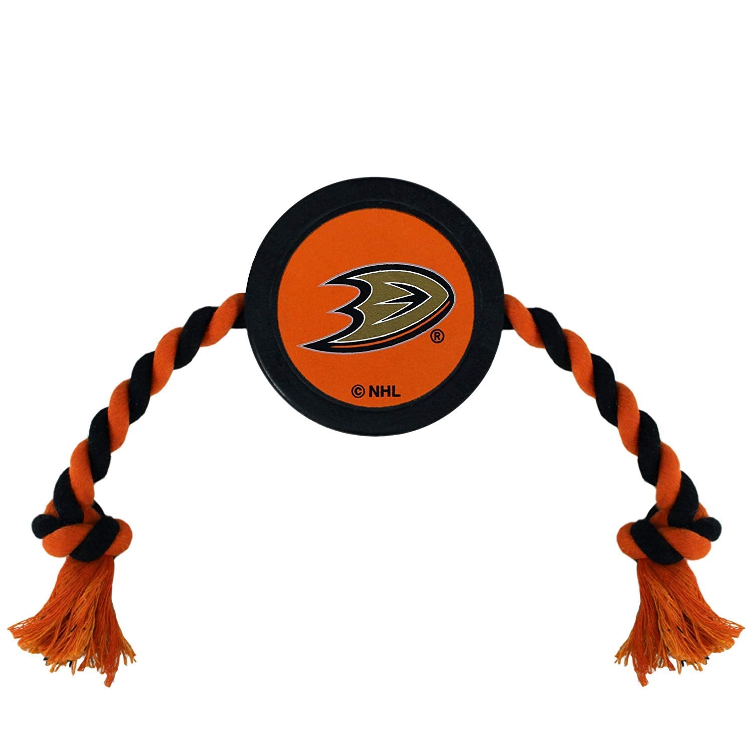 First Dog Puck Rubber Toy - Heavy-Duty Rope Tug for Dogs & Cats - Play Hockey with Your Pet - NHL Anaheim Ducks Licensed Toy