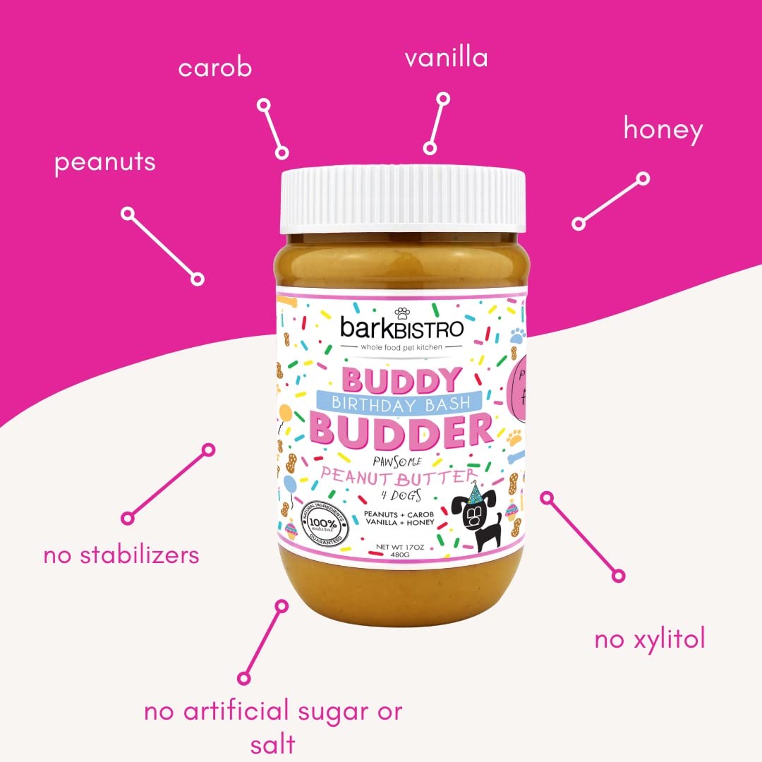 BUDDY BUDDER Birthday Bash, 100% Natural Dog Peanut Butter, Healthy Dog Peanut Butter Treat, Made in USA (17oz)