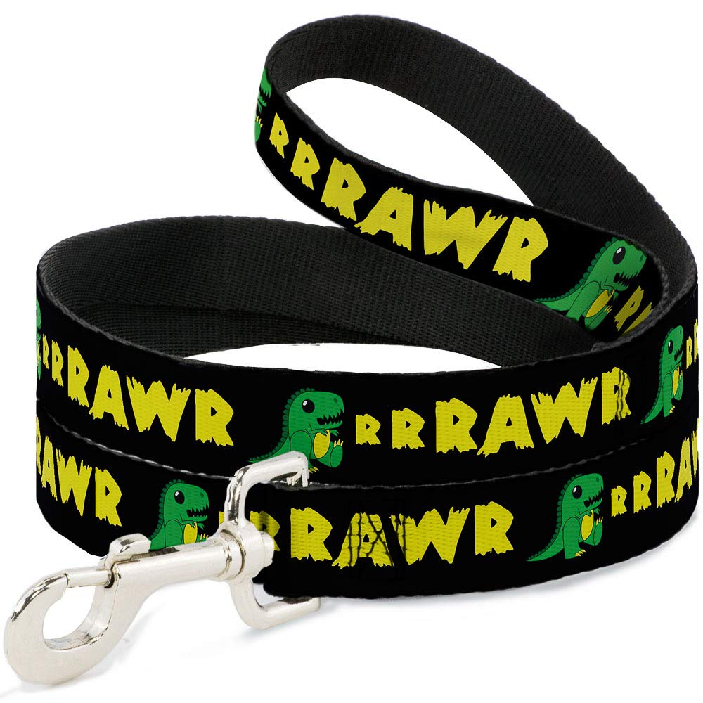 Buckle-Down Dog Leash Rrrawr Dinosaur Black Green Yellow 6 Feet Long 0.5 Inch Wide