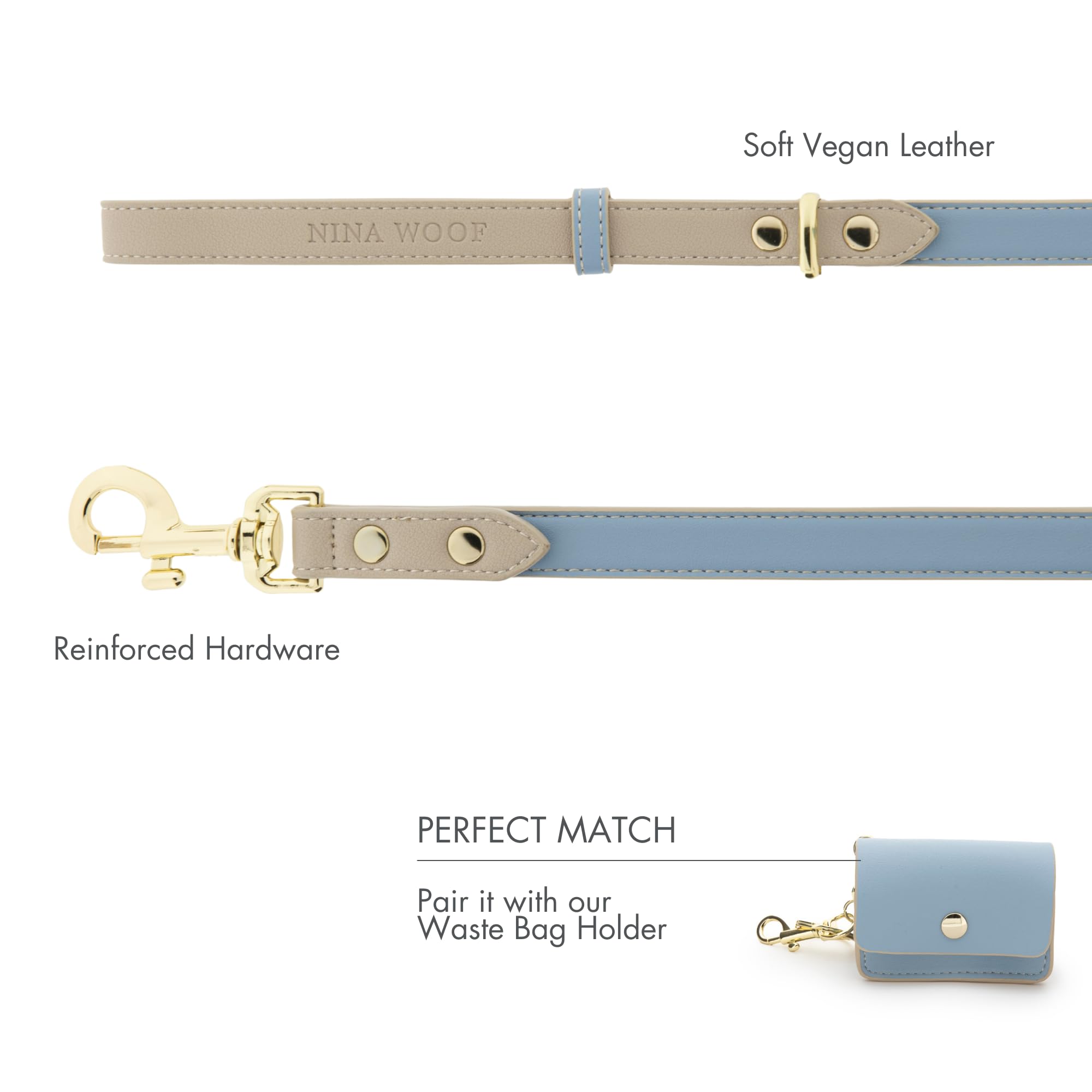 Nina Woof Leather Dog Leash - Slim Leash With Reinforced Hardware, European Design, Blue, 4Ft