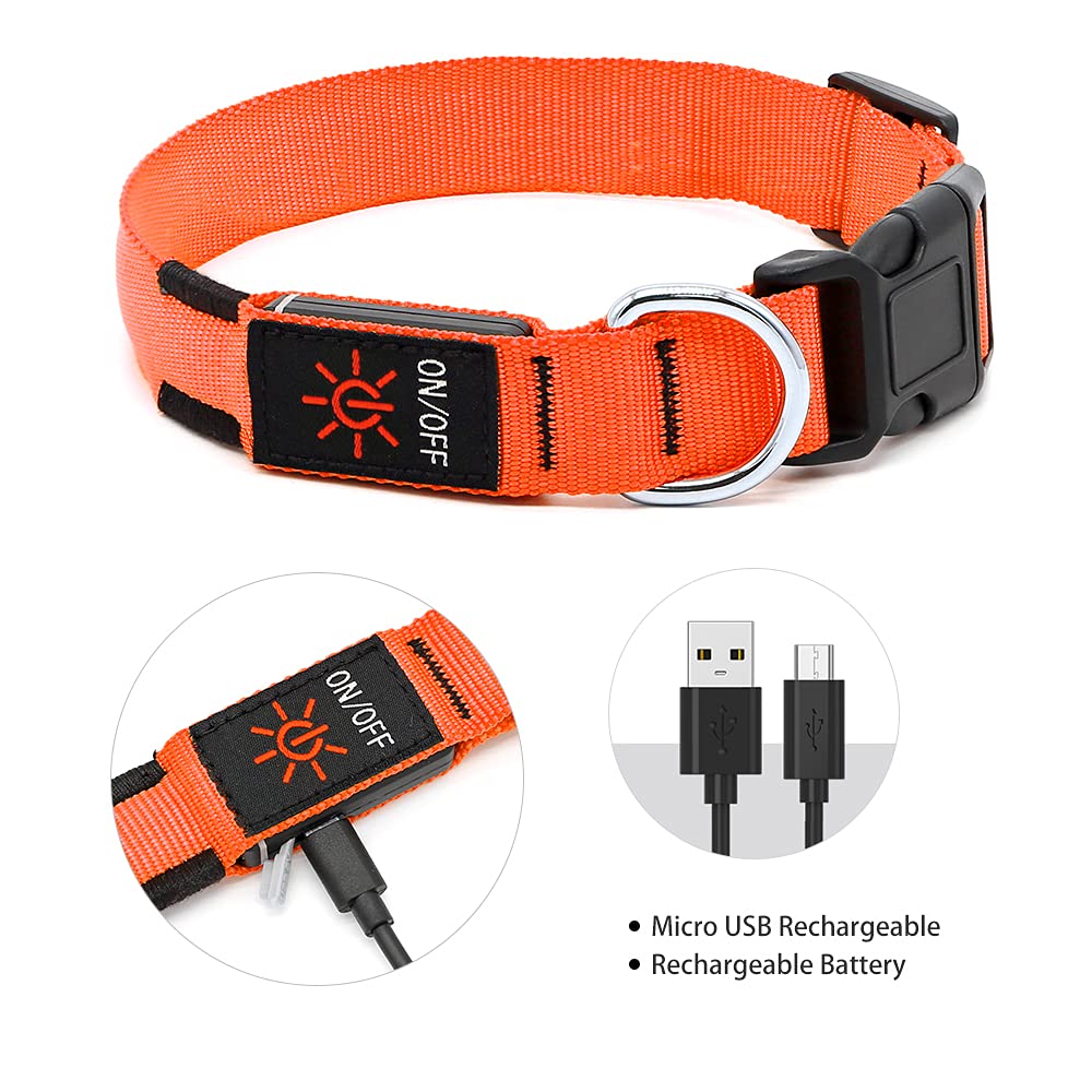 Illumifun Led Dog Collar, Usb Rechargeable Lighted Up Dog Collar, Adjustable Glowing Pet Safety Collar Light For Your Dogs Walking At Night (Orange, Medium)