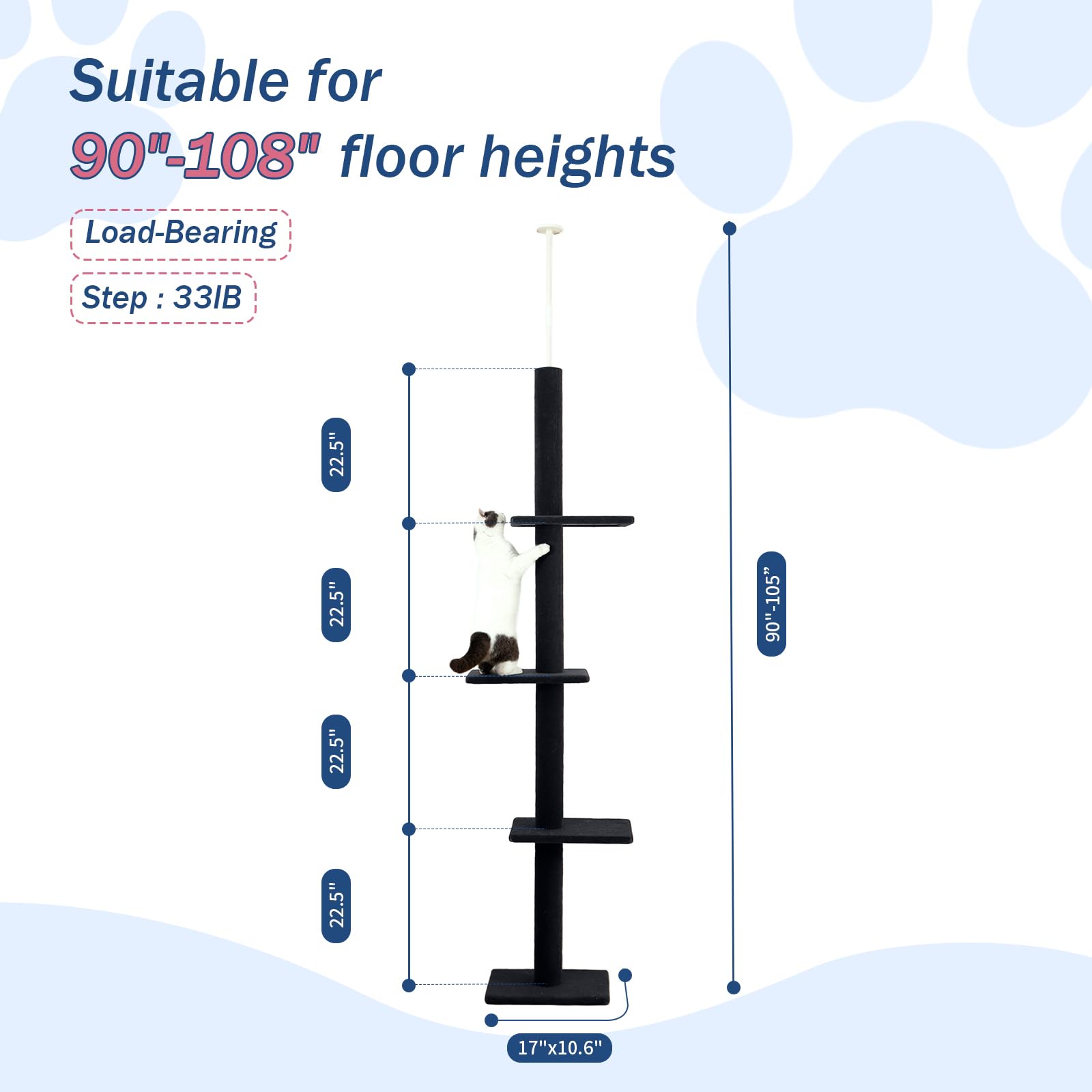 Max & Marlow Cat Tree Floor to Ceiling Cat Tower Height 95-108 Adjustable Kitten Tree Tall Climbing Tree with Carpet Scratching