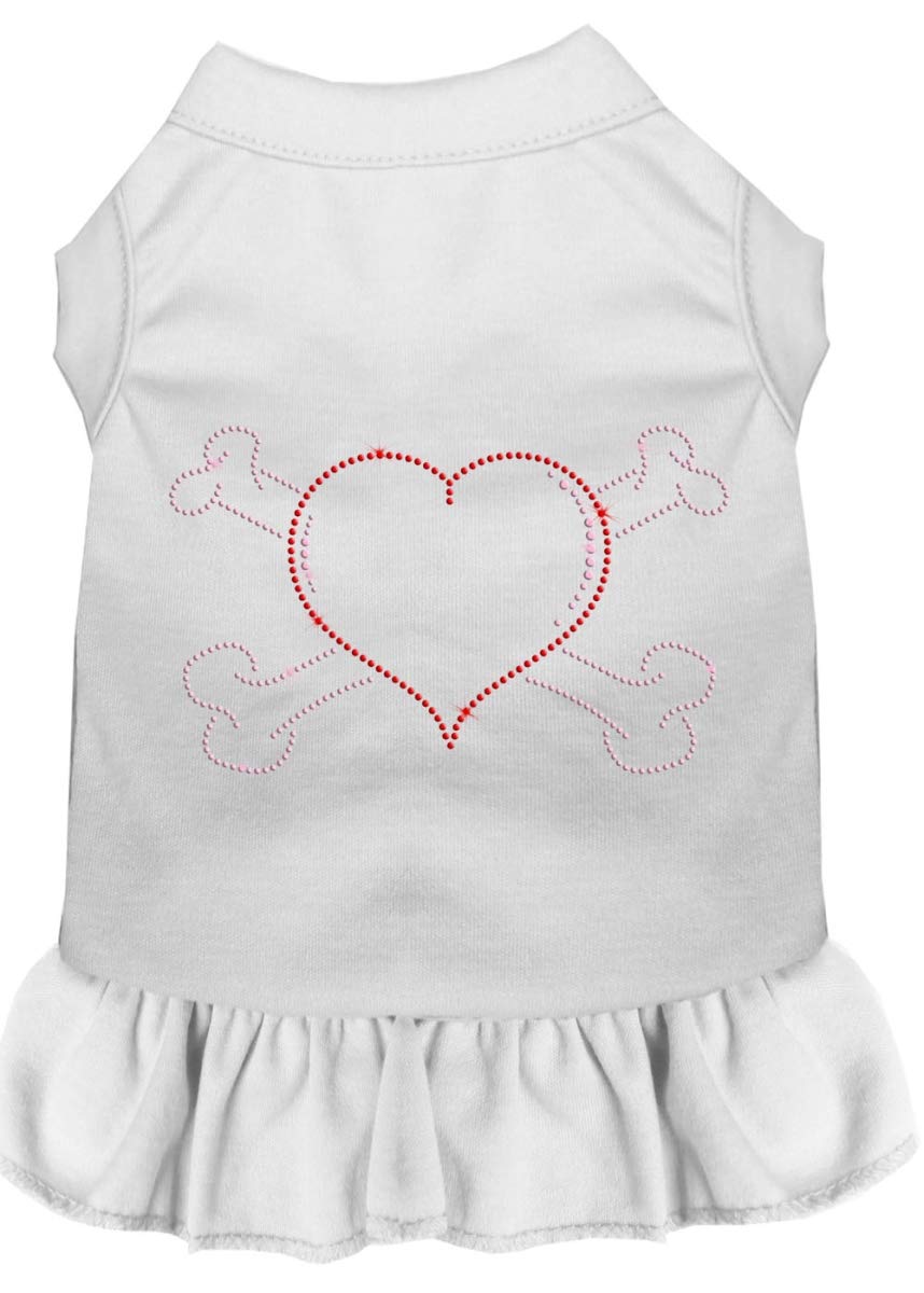 Pet Dog and Cat Dress Rhinestone, &quot;Heart & Crossbones&quot; White XS (0-3 lbs.)