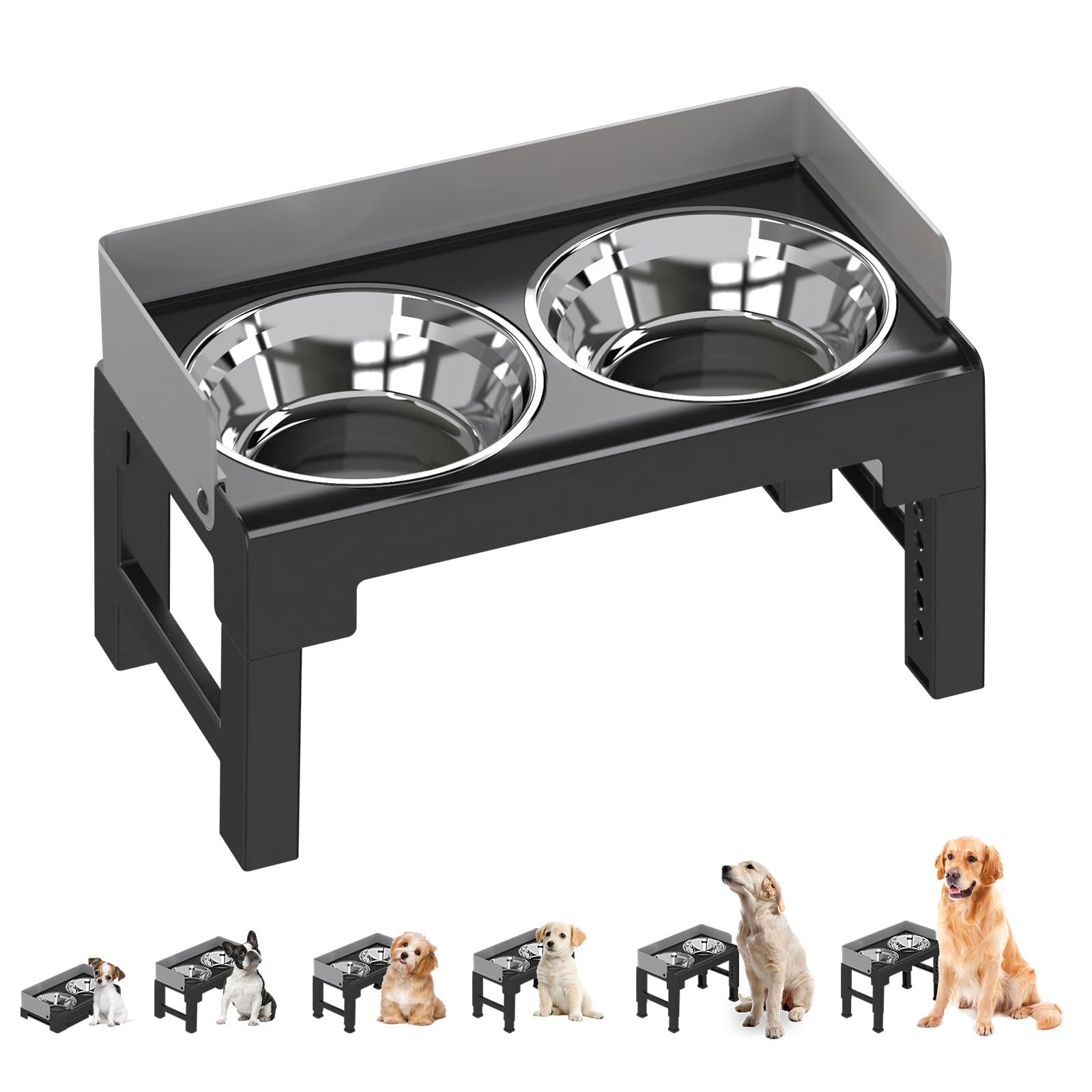 Pakeway Elevated Dog Bowls, Spill Proof, Tiltable Dog Feeder With 2 Stainless Steel Bowls, 6 Height Adjustable Raised Bowl