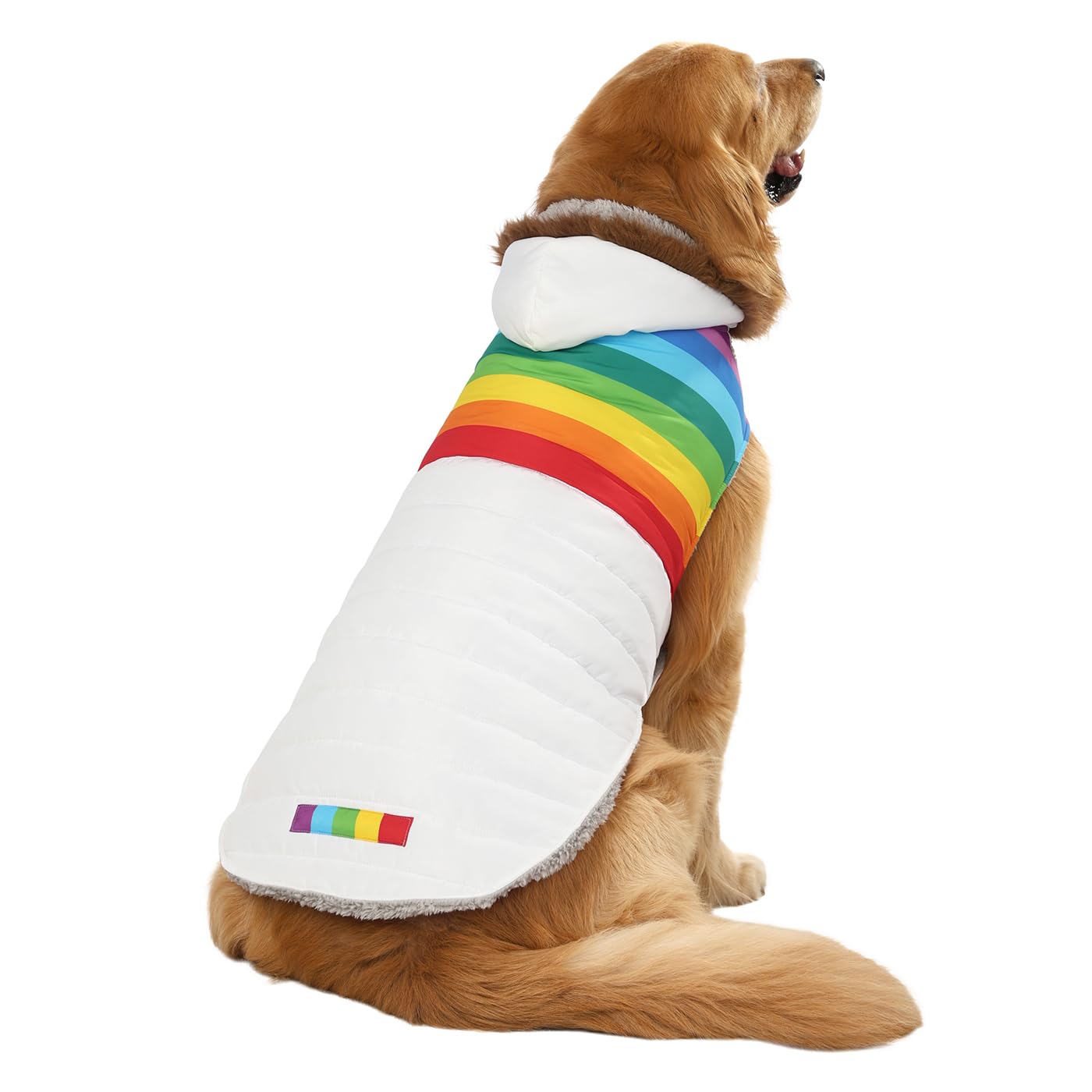Hde Dog Puffer Jacket Fleece Lined Warm Dog Parka Winter Coat With Harness Hole White Rainbow Stripe - L