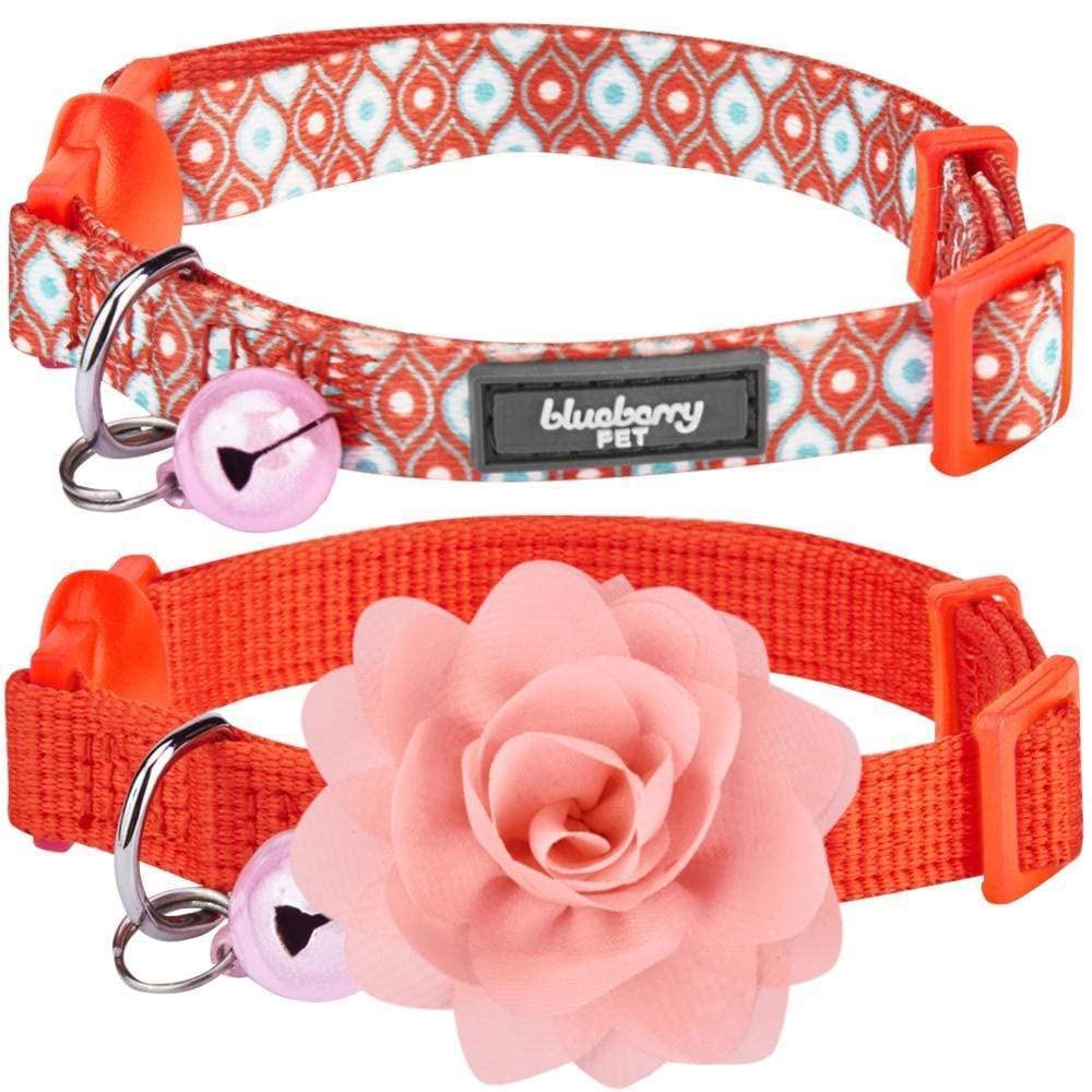 Blueberry Pet Pack Of 2 Cat Collars, The Flower Power Perfect Orange Adjustable Breakaway Cat Collar With Bell & Detachable Flow