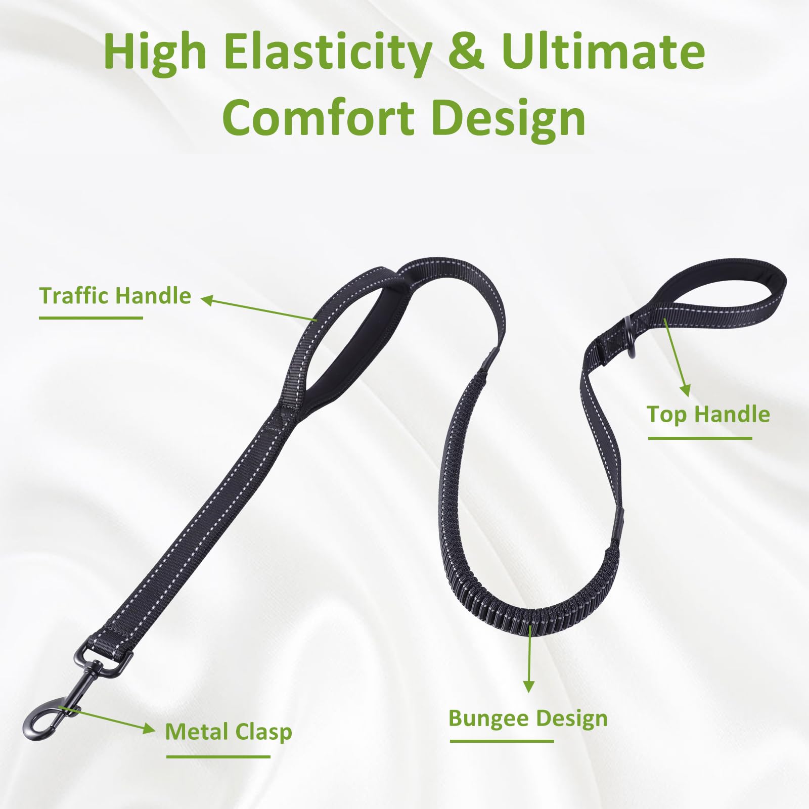 Eco-Clean Dog Leash, 6 Ft Bungee Dog Training Leash, Reflective Dog Leash For Medium Large Dogs, Shock Absorbing Retractable Str