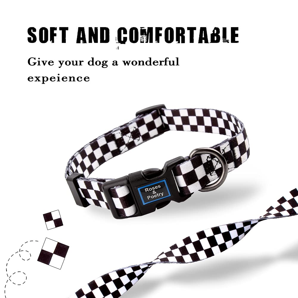 Roses&Poetry Dog Collar with Colourful Checkered Patterns, Adjustable Durable Puppy Collars for Small Medium Large Dogs (Black &