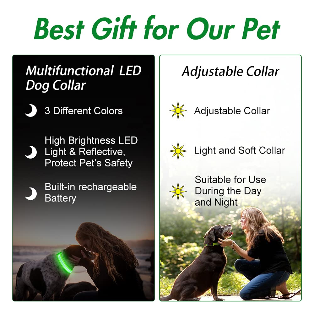 Yfbrite Ultra Light Usb Rechargeable Led Dog Collar - Adjustable Light Up Dog Collar - Waterproof Dog Collar - Flashing Dog Collar Visiblity & Safety For Your Dogs (Green, X-Large)