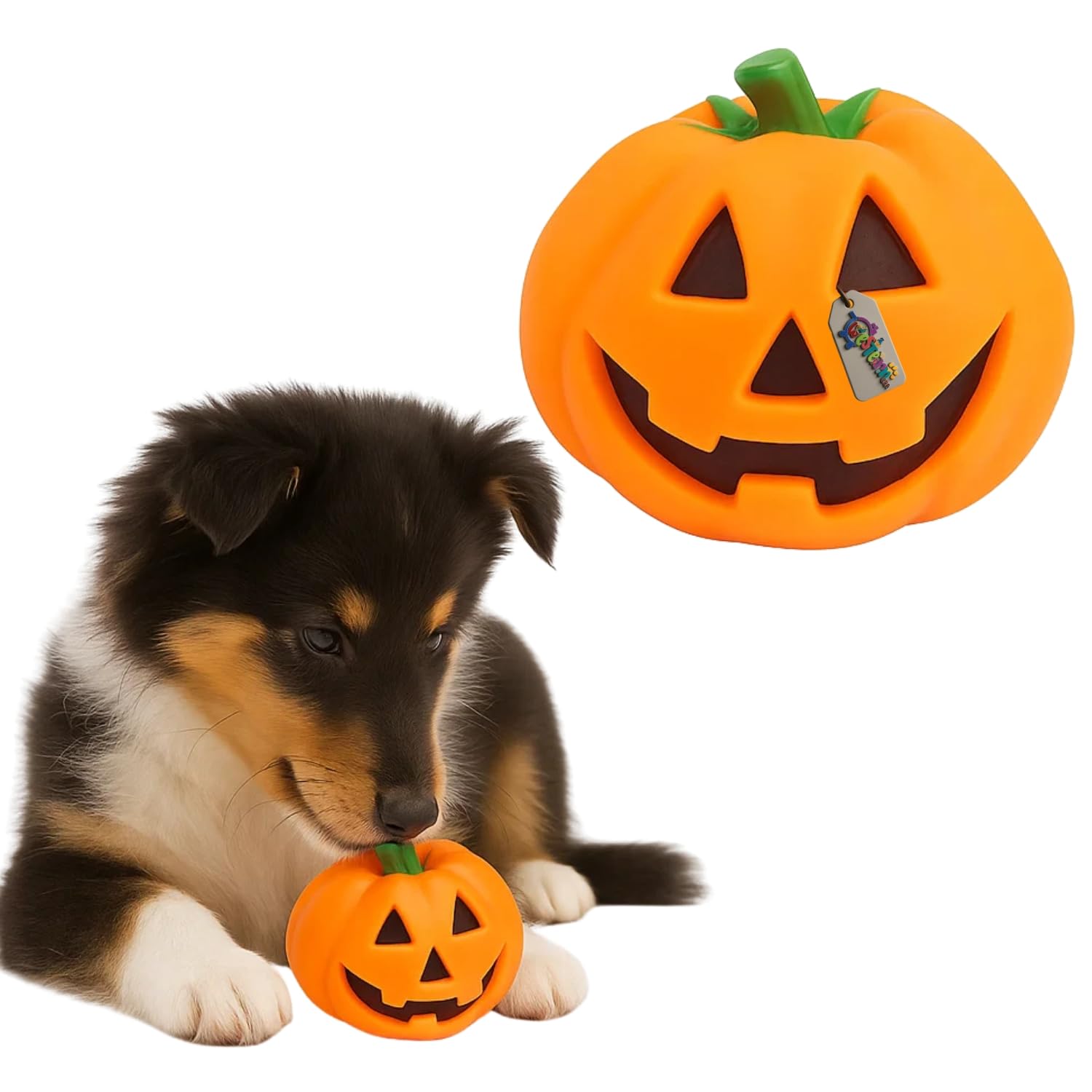 Western Era Pumpkin Squeaky Dog Toy | Halloween Jack O Lantern Design | Durable Chew Toy for Dogs | Spooky Pumpkin Shape with Lo