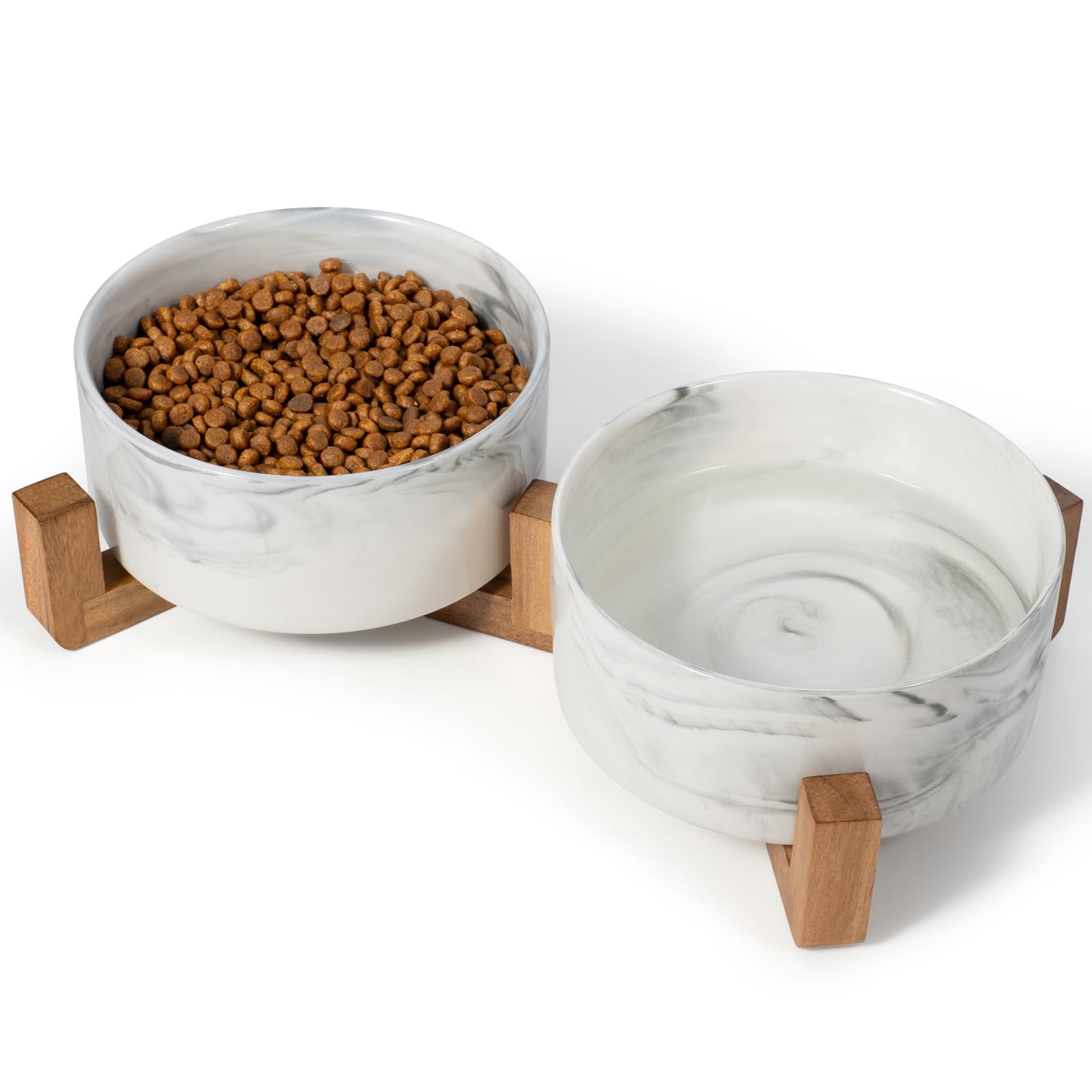 Dog Bowls Set with Wood Stand, 1.7-Cup Ceramic Puppy Bowls for Small Dogs,Weighted Food Water Bowl Set for Dog and Cat