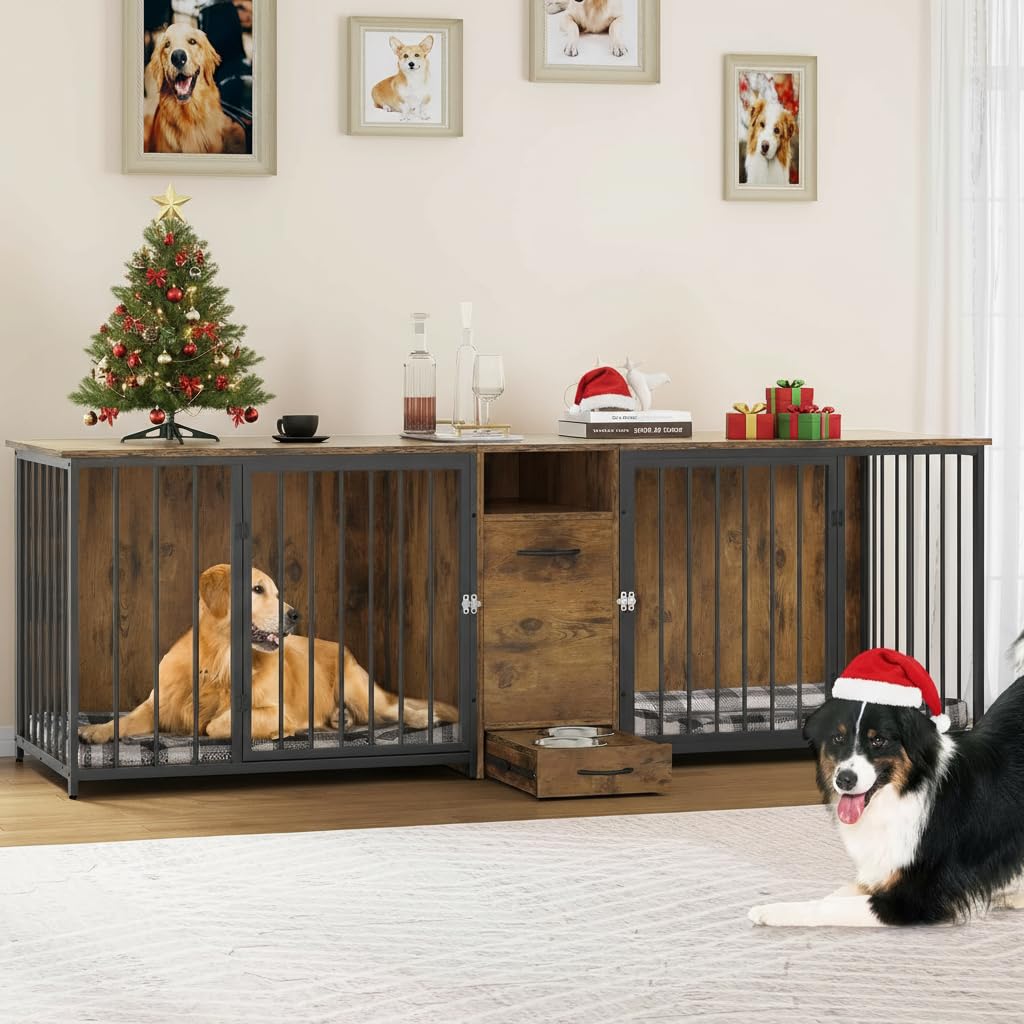 YITAHOME 94.5 Large Dog Crate Furniture with Feeder Bowls, Heavy Duty Dog Kennel with Room Divider and Drawer, Wooden Dog House 