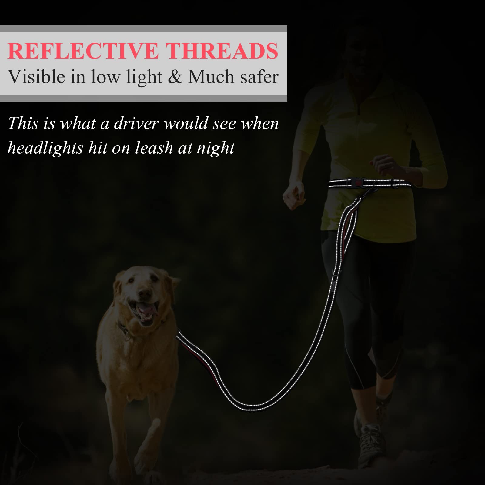 Vivaglory Hands Free Dog Leash With Shock-Absorbing Bungee For Medium & Large Dogs, Reflective Adjustable Waist Leash With Dual Padded Handle For Walking, Jogging, Running, Hiking, Black-Red