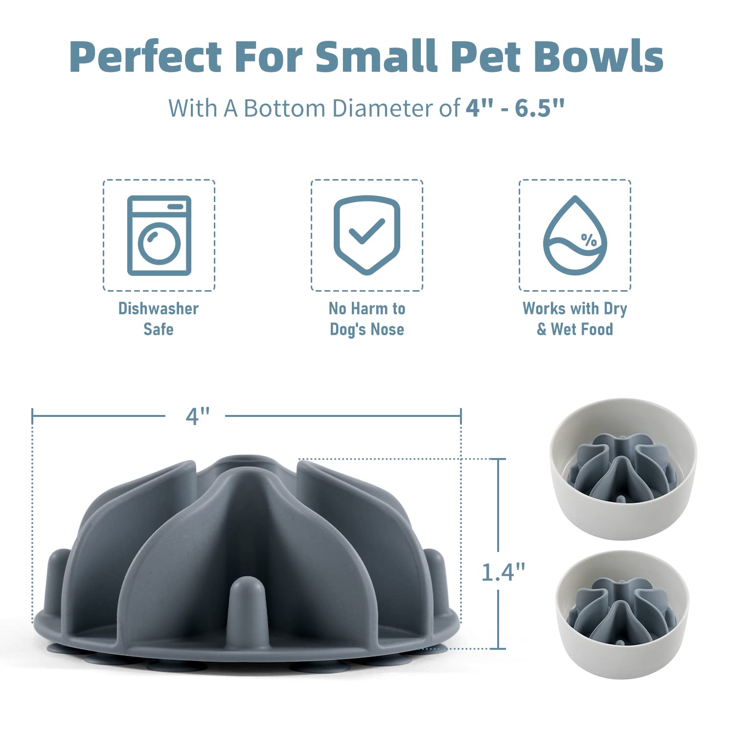 Jaoul Small Breed Slow Feeder, Puzzle Slow Feeder with 21 Octopus Suction Cups for Small Breed Dog Bowls Insert 4'' (Grey)