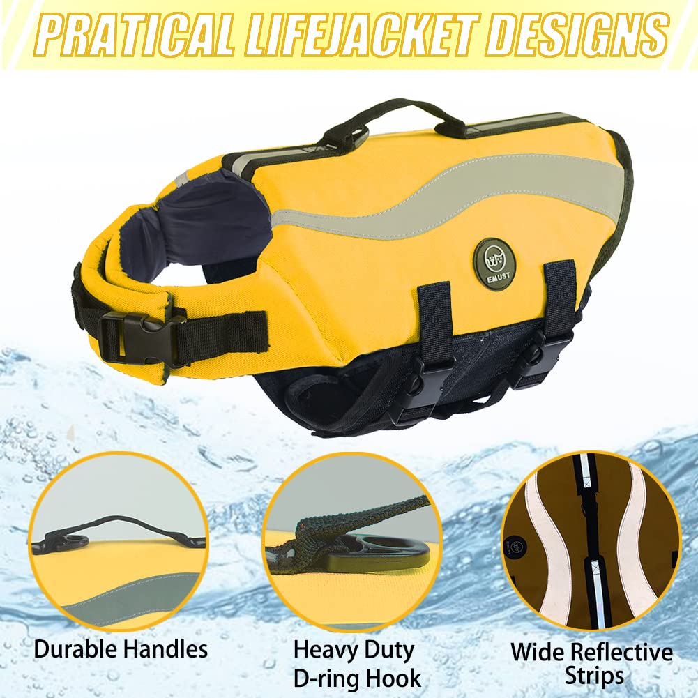 Emust Life Jacket For Large Dogs, Dog Life Vest For Small/Medium/Large Dogs With Double Rescue Handles, High Reflective Dog Life Preserver For Swimming, Yellow,L