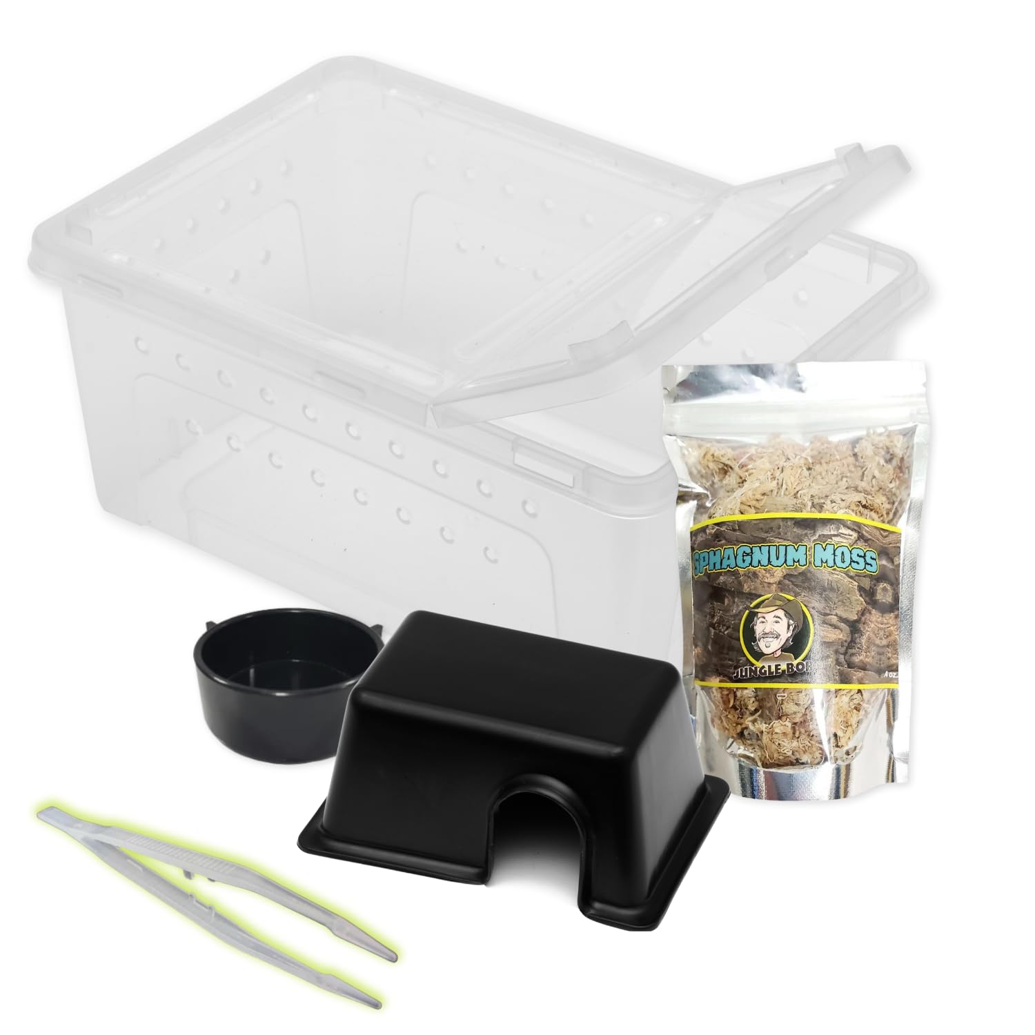 Jungle Bob - Large Terrarium Bundle - With 12.5'' X 8.5'' X 6'' Clear Plastic Terrarium Box, Small Rectangle Hide Box, Sphagnum 