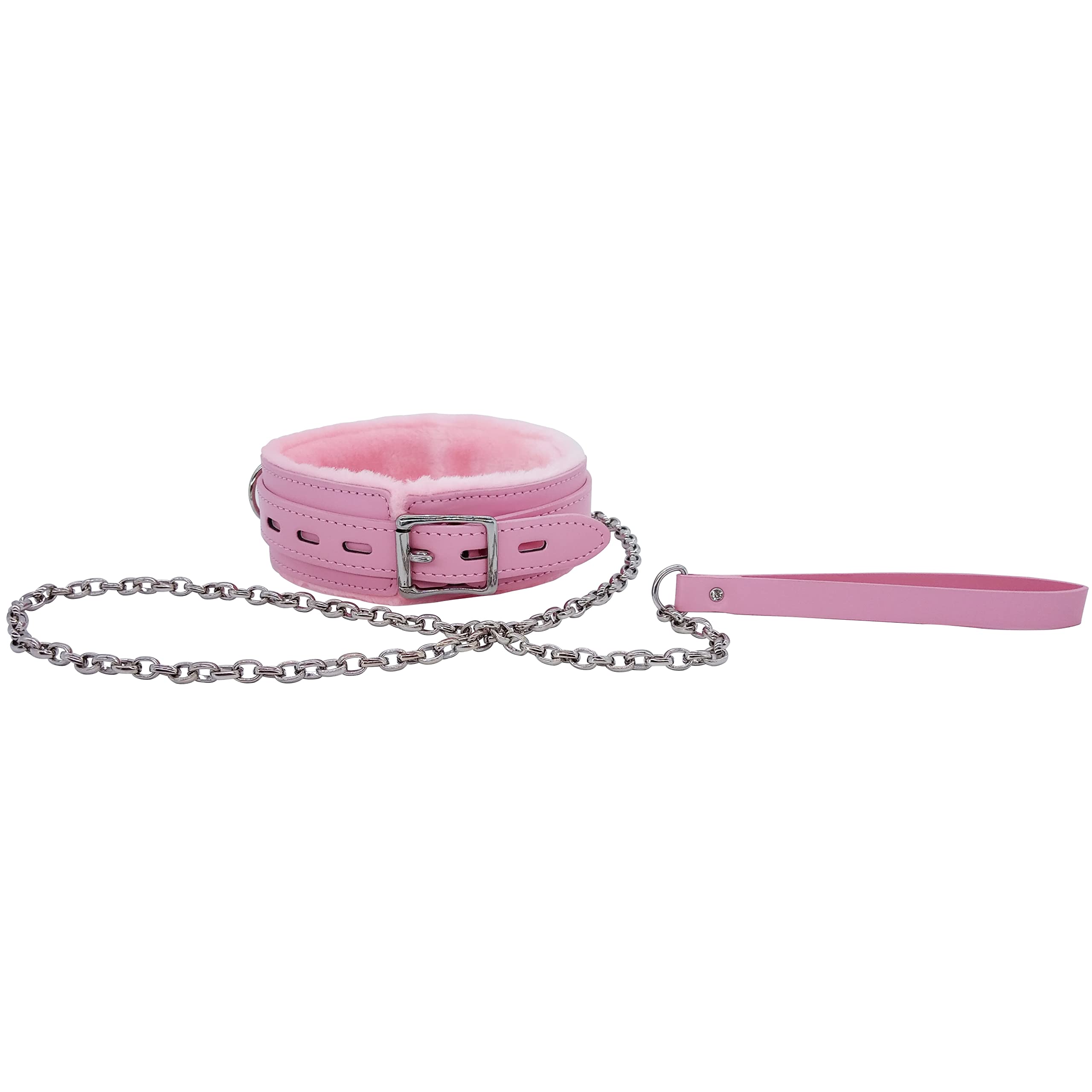 Pink Leather Choker Collars Soft Inner Fur For Comfort Detachable Leash Chain Durable Leather Collar With Alloy Buckle
