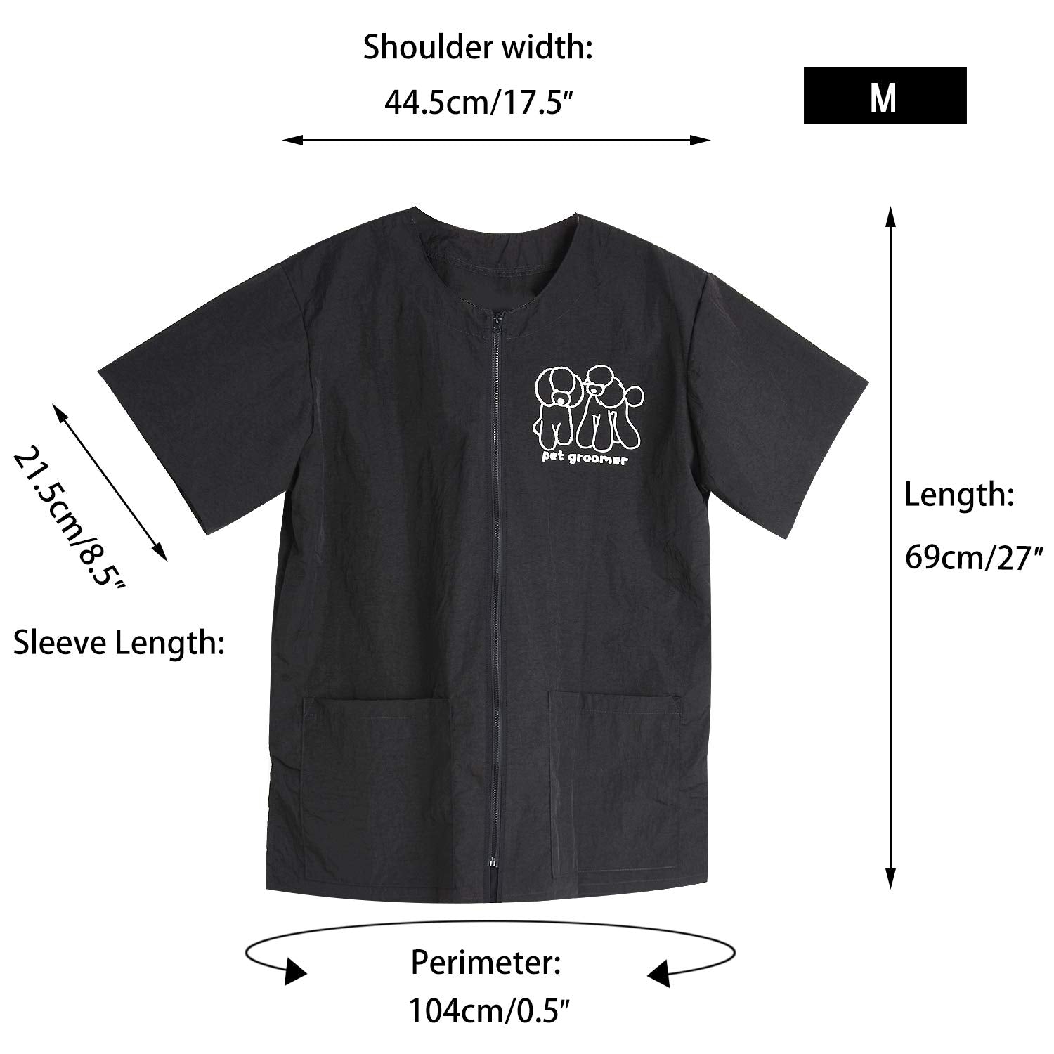 Noverlife Short Sleeves Pet Grooming Work Clothes With Full Zipper, M Size, Splash Proof Anti-Static Pet Beautician Smock, Dog Cat Groomer Cosmetologist Uniforms For Pet Shop Men Women