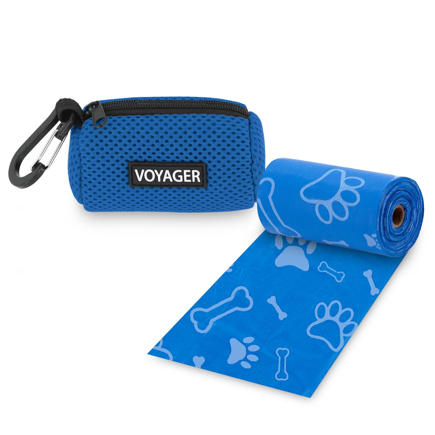 Best Pet Supplies Dog Poop Bag Holder Leash Attachment With 15 Bags, Royal Blue, Reusable Mesh Dispenser Pouch For Travel, Walki