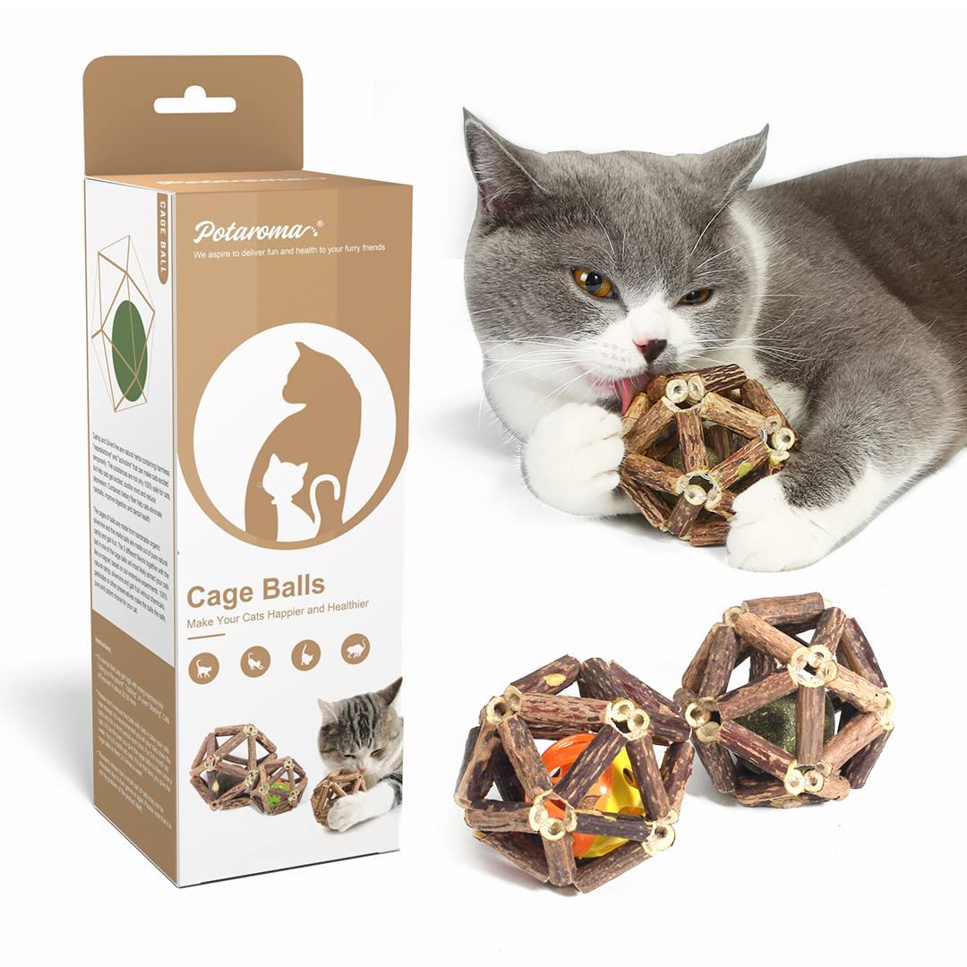 Potaroma Catnip Toys, 3Pcs Cat Toys Natural Silvervine Stick Cage Balls & Bell Ball For Indoor Cats, Kitten Cleaning Teeth Molar Matatabi Cat Chew Toy All Breeds