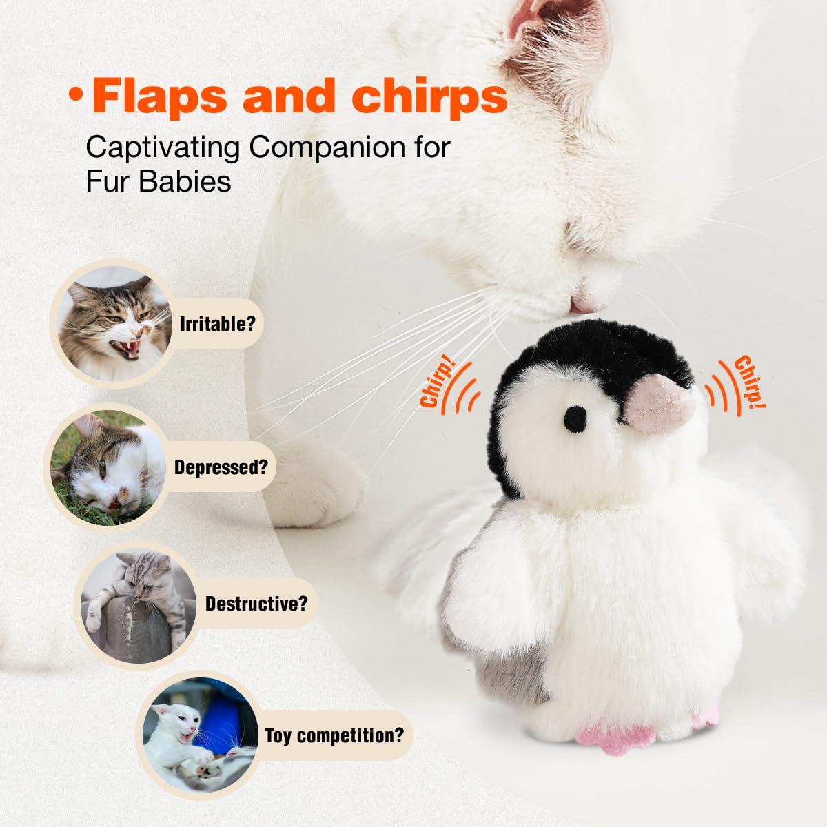 Kimee Interactive Cat Toy Rechargeable Automatic Chirping Penguin Bird Cat Toy Infused With Catnip In The Wings, Auto Beating Wi