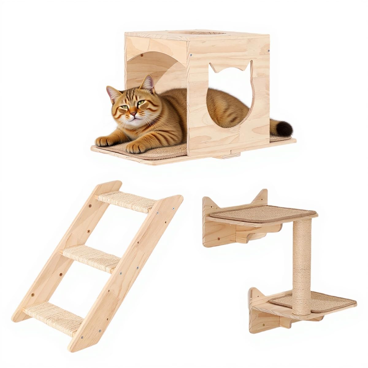 MIUZMORE Cat Wall Shelves Set - Wall Mounted Cat Furniture with House, Sisal Mat, Scratching Posts & Perches - Indoor Climbing S