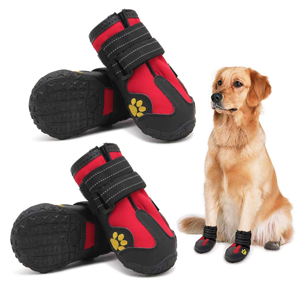 Pk.Ztopia Dog Boots, Waterproof Dog Boots, Dog Rain Boots,Dog Booties With Reflective Rugged Anti-Slip Sole And Skid-Proof,Outdoor Dog Shoes For Medium To Large Dogs (Black-Red 4Pcs).