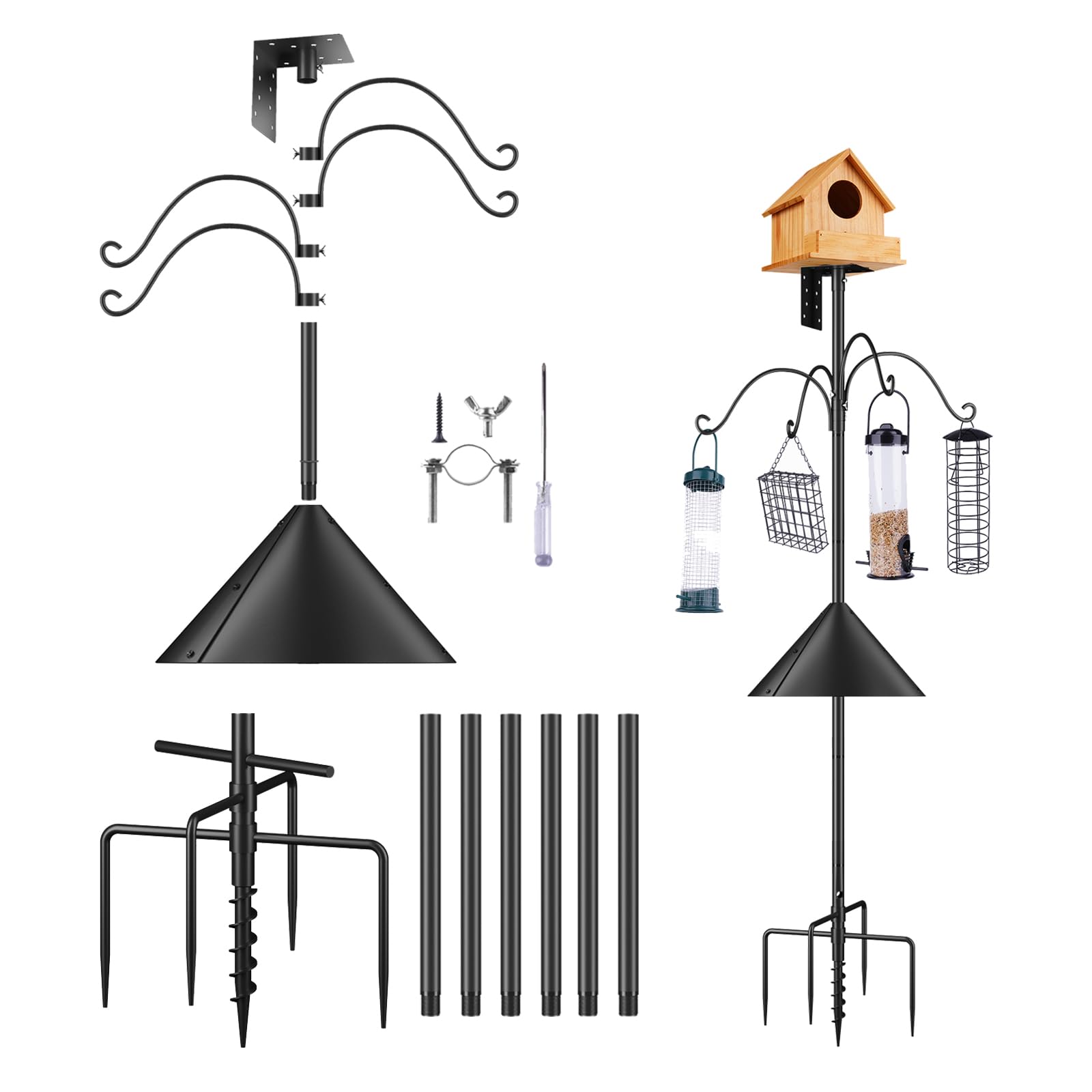 92 Inch Bird House Pole for Garden, Optimech Bird Feeder Poles with Squirrel Proof Baffle 4 Shepherd Hooks,Heavy Duty Stand 5-Pr