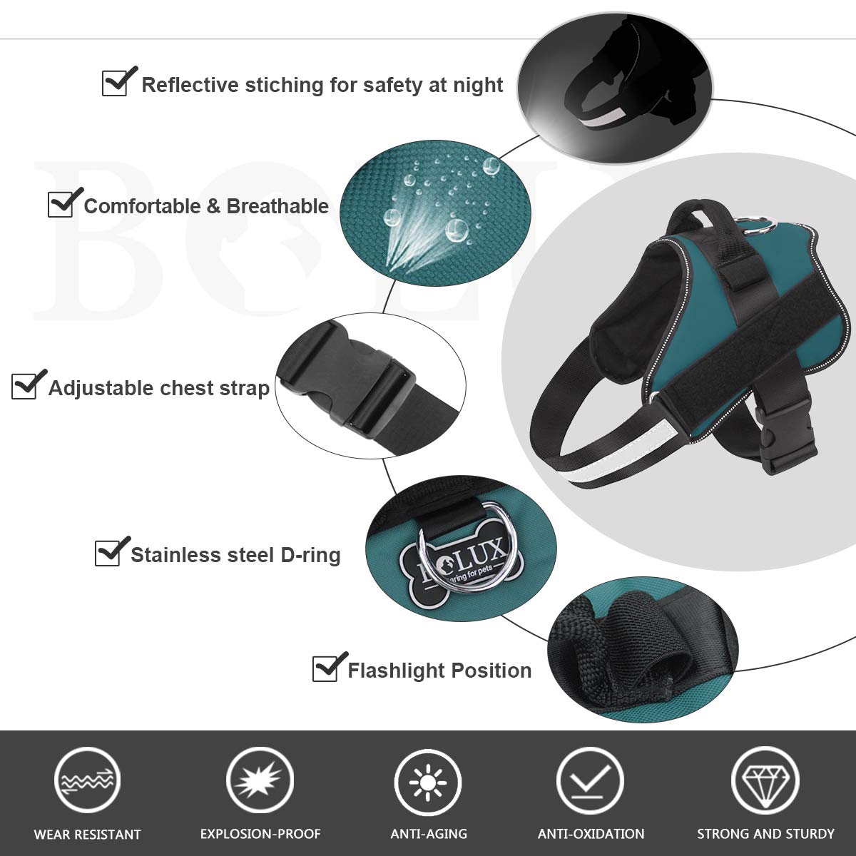 Bolux Dog Harness, No-Pull Reflective Dog Vest, Breathable Adjustable Pet Harness With Handle For Outdoor Walking - No More Pulling, Tugging Or Choking (Turquoise, M)
