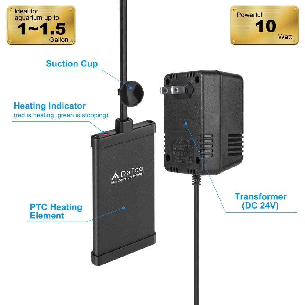 Datoo 10 Watt Small Aquarium Heater Mini Betta Flat Fish Tank Heater For 1 Gallon 1.5 Gallon