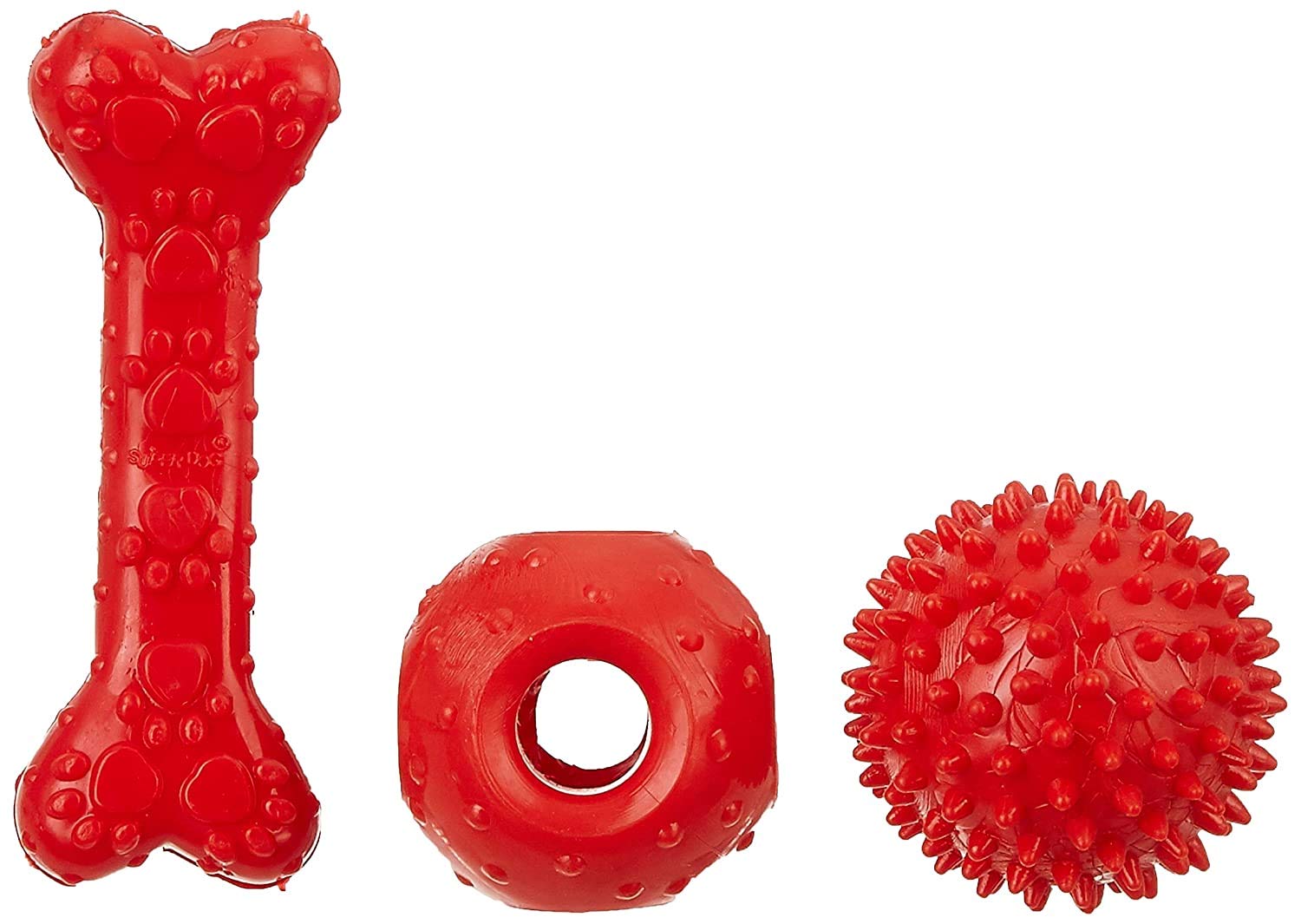 Pawcloud Rubber Chew Dog Toy Combo Of 3 Toys, Small Chew Bone, Large Hole Ball & Spike Chew Ball Dog Toy, Color May Vary