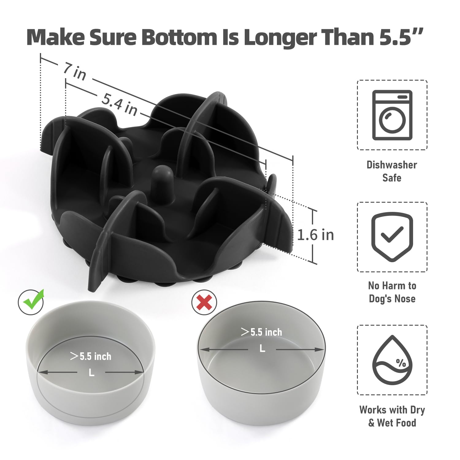 Jaoul Slow Feeder Dog Bowls Insert, X-Large 7 Inch Cuttable Slow Feeder Insert With 32 Octopus Suction Cups For Medium To Large