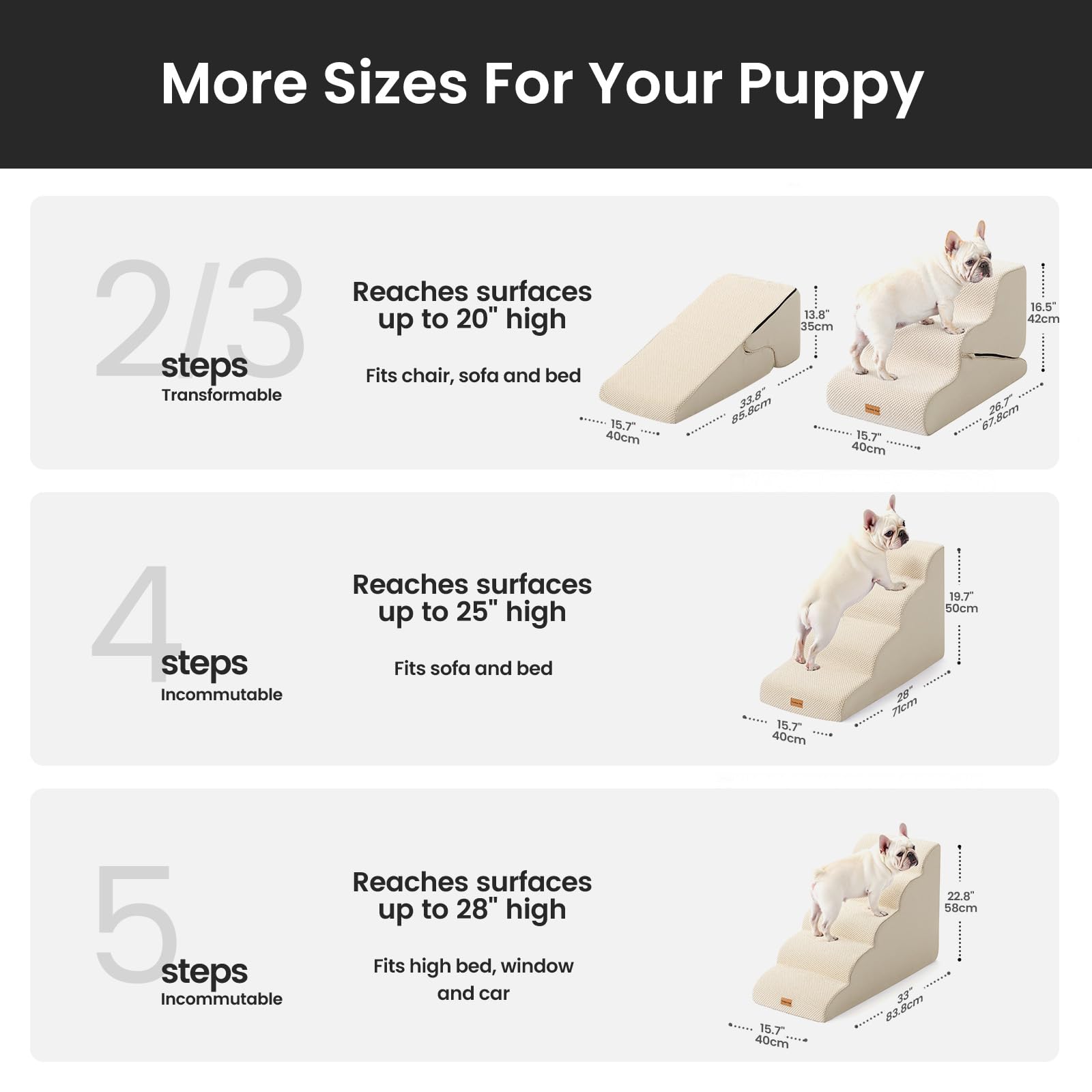 Gardner Pet Dog Stairs for Small Dogs 16.5 H, 2 in 1 Transformable 3-Step Pet Stairs and Dog Ramp for Couch (13-20 in), Beige Ad